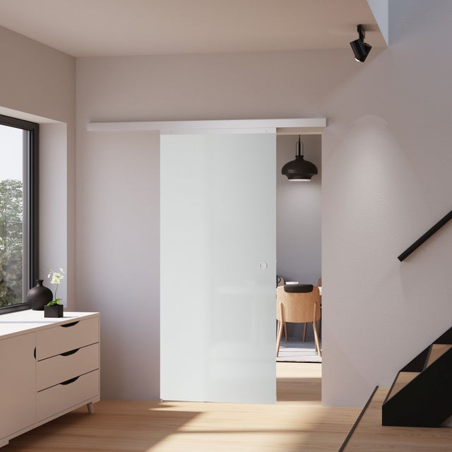 Kit porte coulissante Opaque aluminium verre sérigraphié + rail H.203 x l. 90 cm, SCHULTE, porte coulissante intérieure vitrée - poignée cuvette