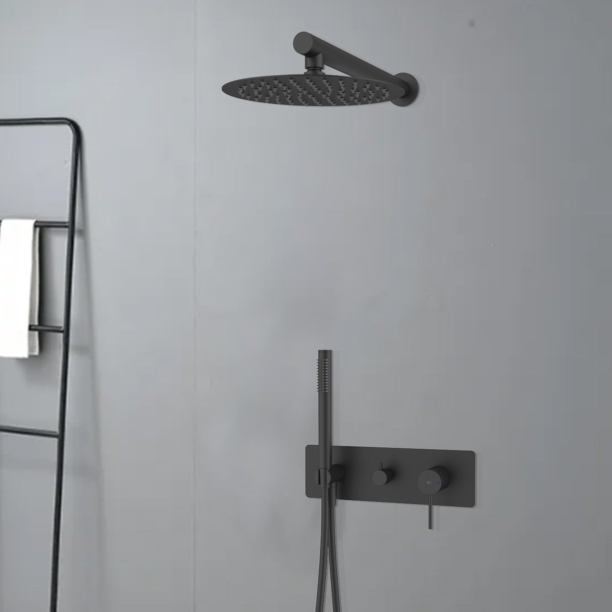 Ensemble de douche à encastrer mitigeur ESSEBAGNO noir mat rond. Pomme de douche murale 25 cm anticalcaire 2 voies - 4