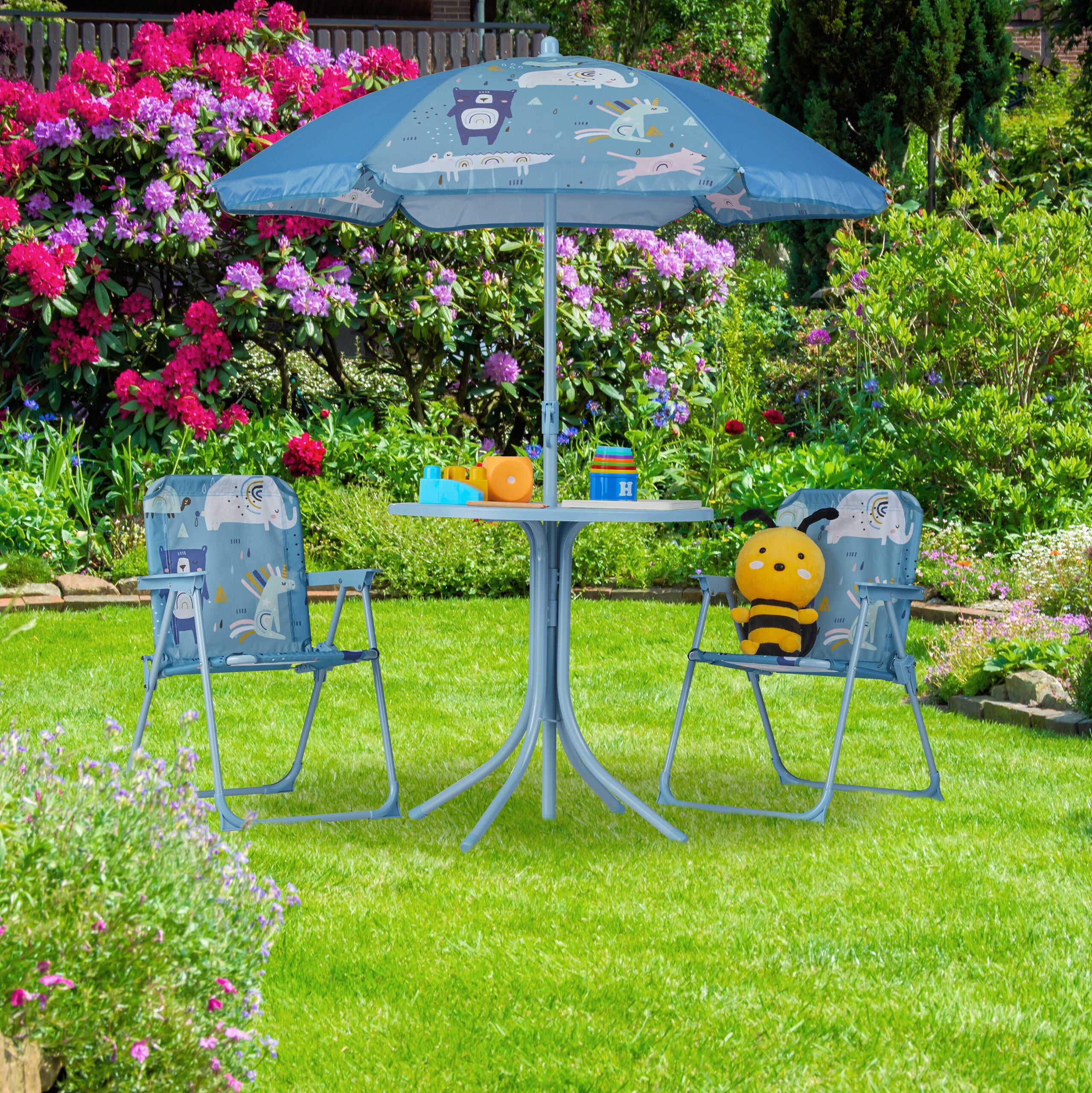 Relaxdays Tavolo Bambini con Ombrellone, Set con Sedie, da