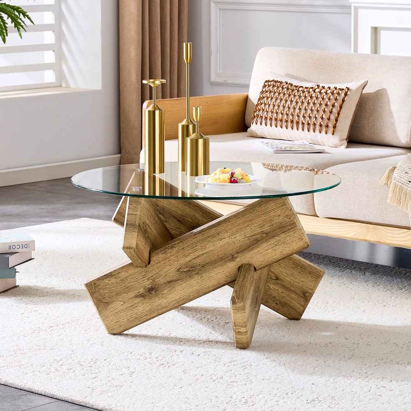 Okrągły stolik kawowy z płyty MDF i szkła, 79 cm, blat ze szkła hartowanego o grubości 0,8 cm, kreatywne podparcie krzyżowe, nowoczesny design