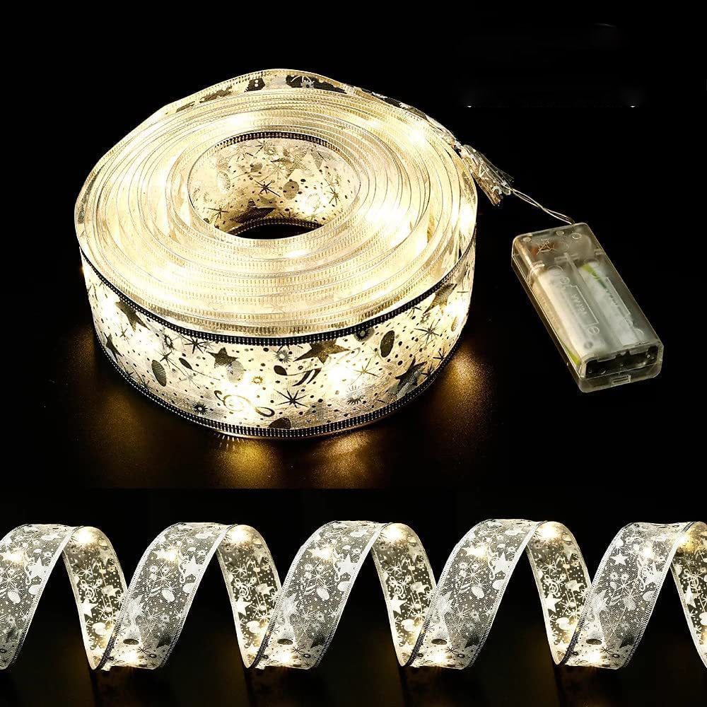 Lampki choinkowe, ozdoby choinkowe, srebrne lampki na wstążce, 10 m lampek choinkowych (ciepłe światło) - 4