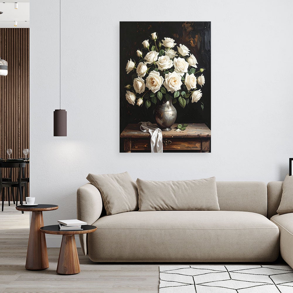 Obraz pionowy do salonu sypialni biura, Białe róże w wazonie 80x120 - 2