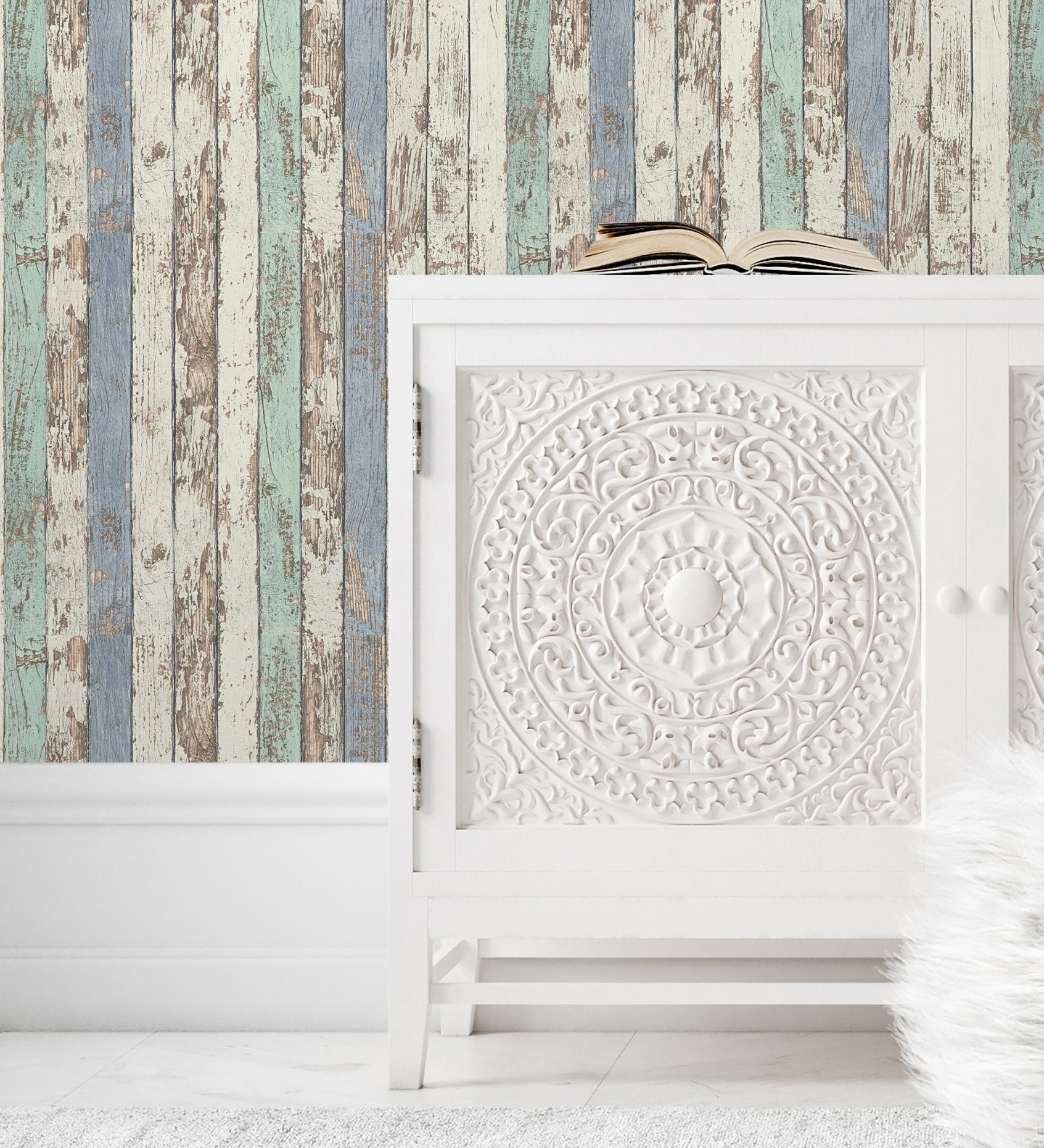 Papel pintado vinílico lavable madera decapada celeste verde turquesa - laredo 453895 de gaulan - rollo de 10 m x 0,53 m