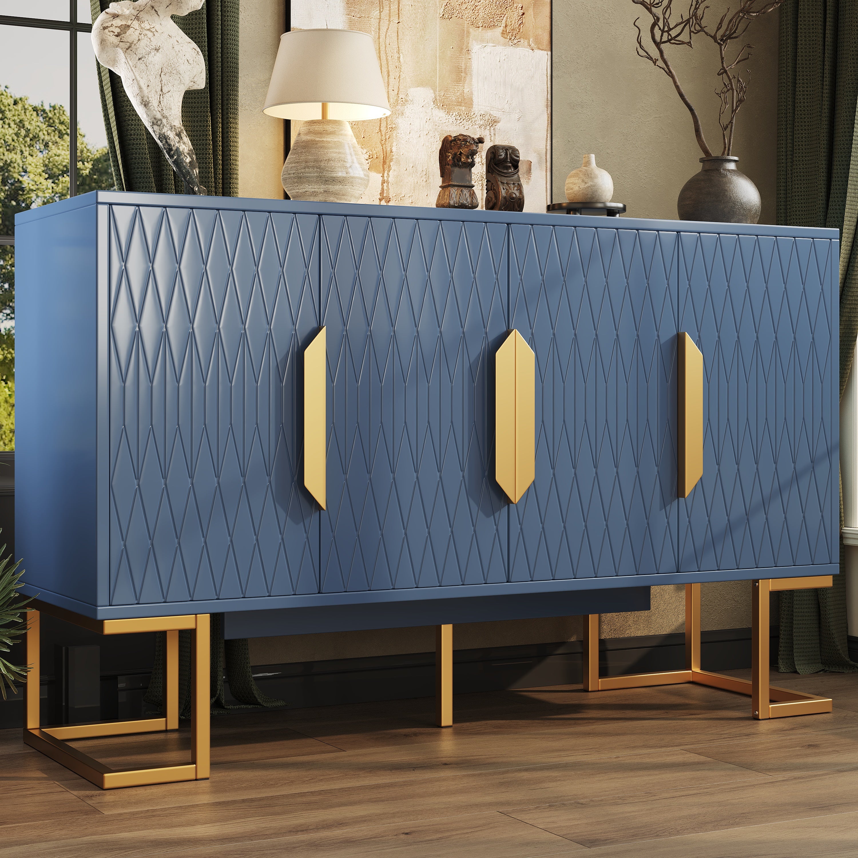 Komoda niska z 4 drzwiami - 140 x 40 x 80 cm - 2 regulowane półki - płyta MDF i nogi metalowe w kolorze złotym - do jadalni i salonu - niebieska