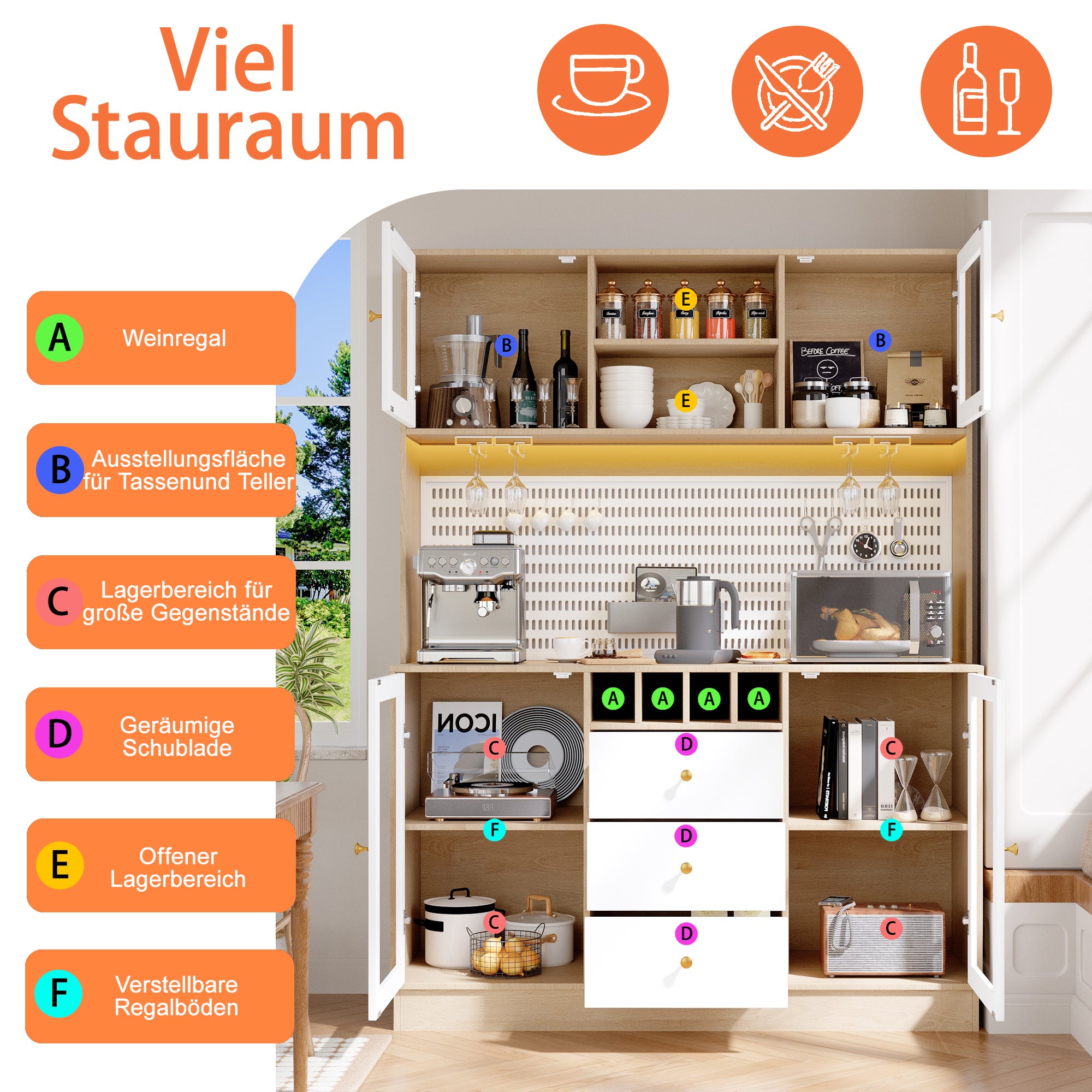 Buffet haute de cuisine avec lumières LED etporte-verres à vin,Armoire haute de cuisine moderne 140×40×185.7cm,Avec tiroir et étagère réglable,Blanc - 8