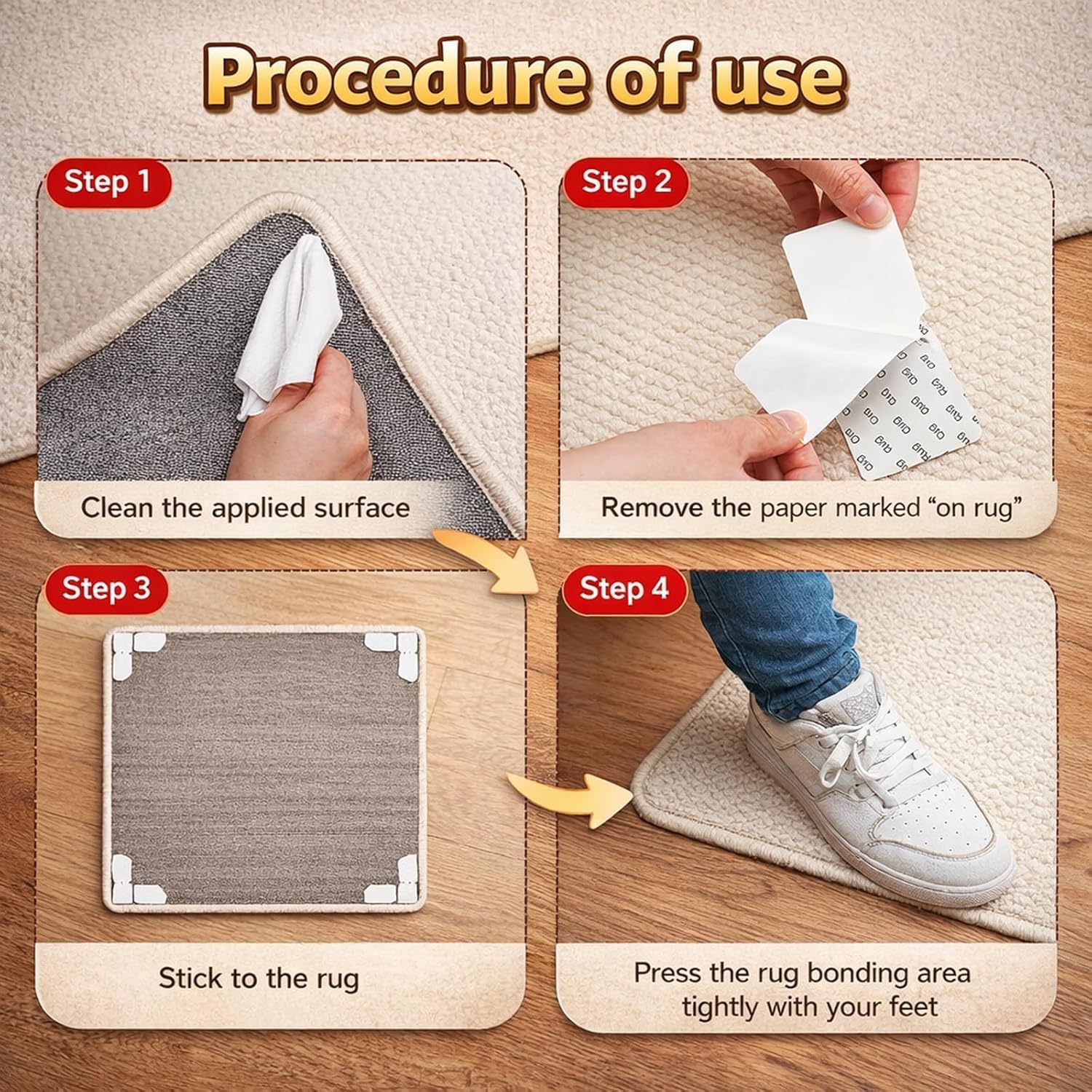 Lot de 12 bandes adhésives antidérapantes réutilisables en gel souple pour tapis et sols durs, autocollants antidérapants pour tapis en bois stratifié - 5