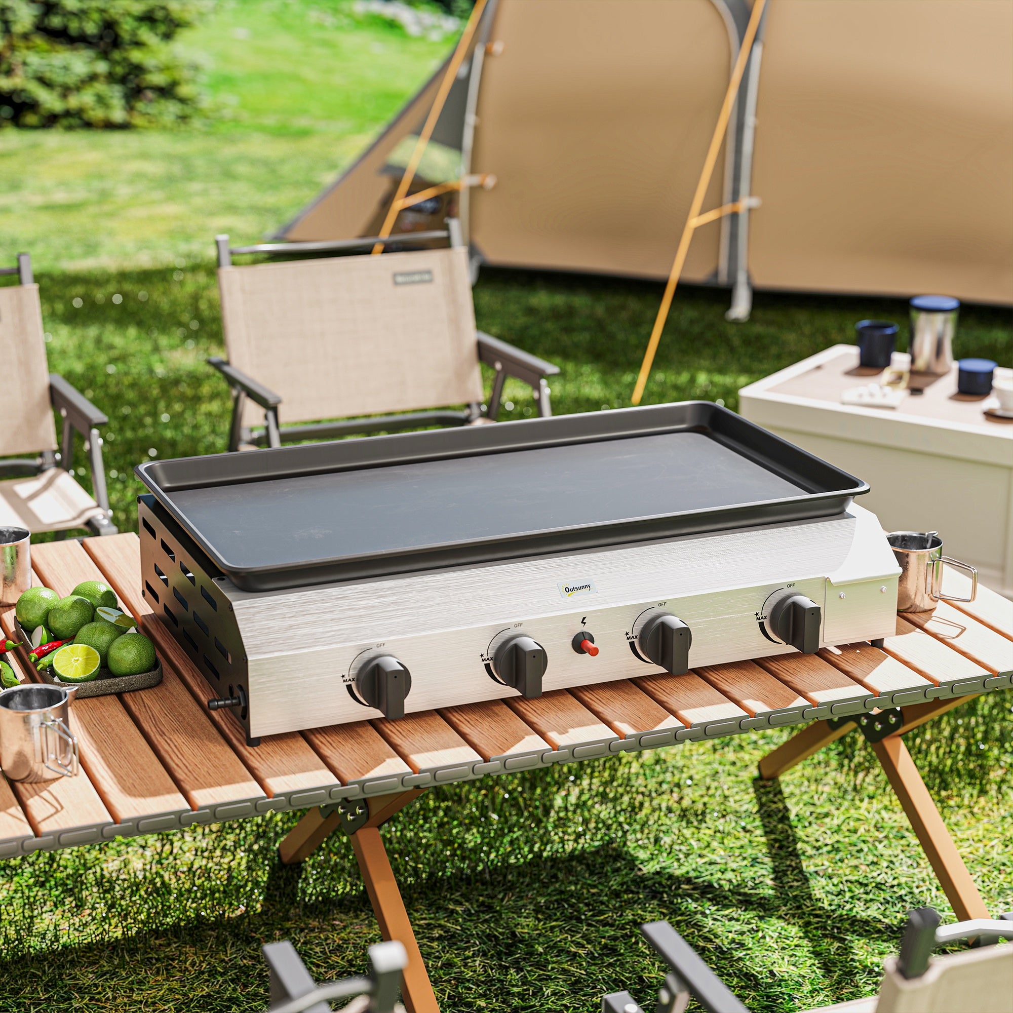 Outsunny Piastra Barbecue a Gas con 4 Bruciatori da 2.4kw e Piano Antiaderente, 77x44.5x19cm, Argento - 2