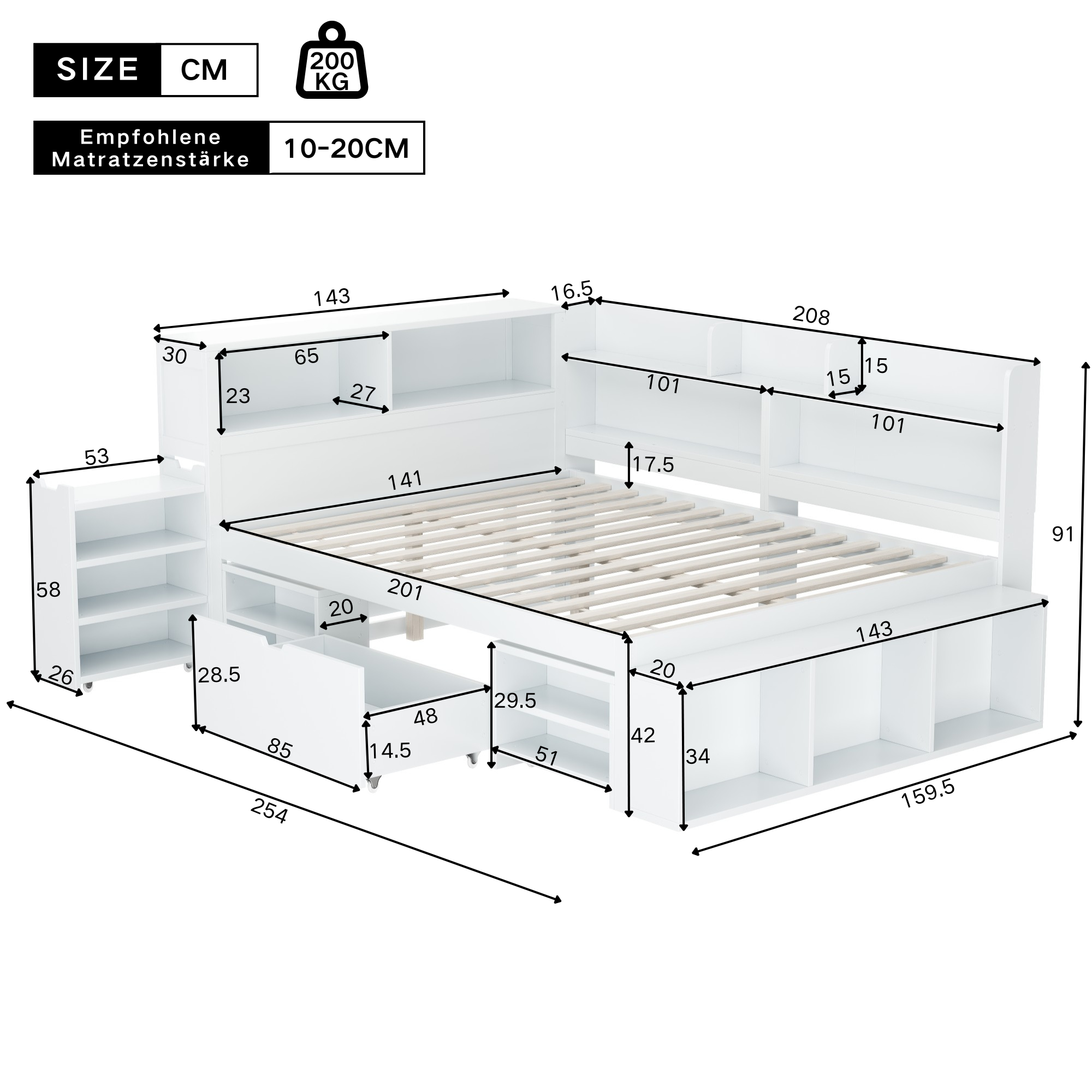 Lit d'enfant 140*200 cm, avec tiroirs, étagères et rangements, sommier à lattes, blanc - 3