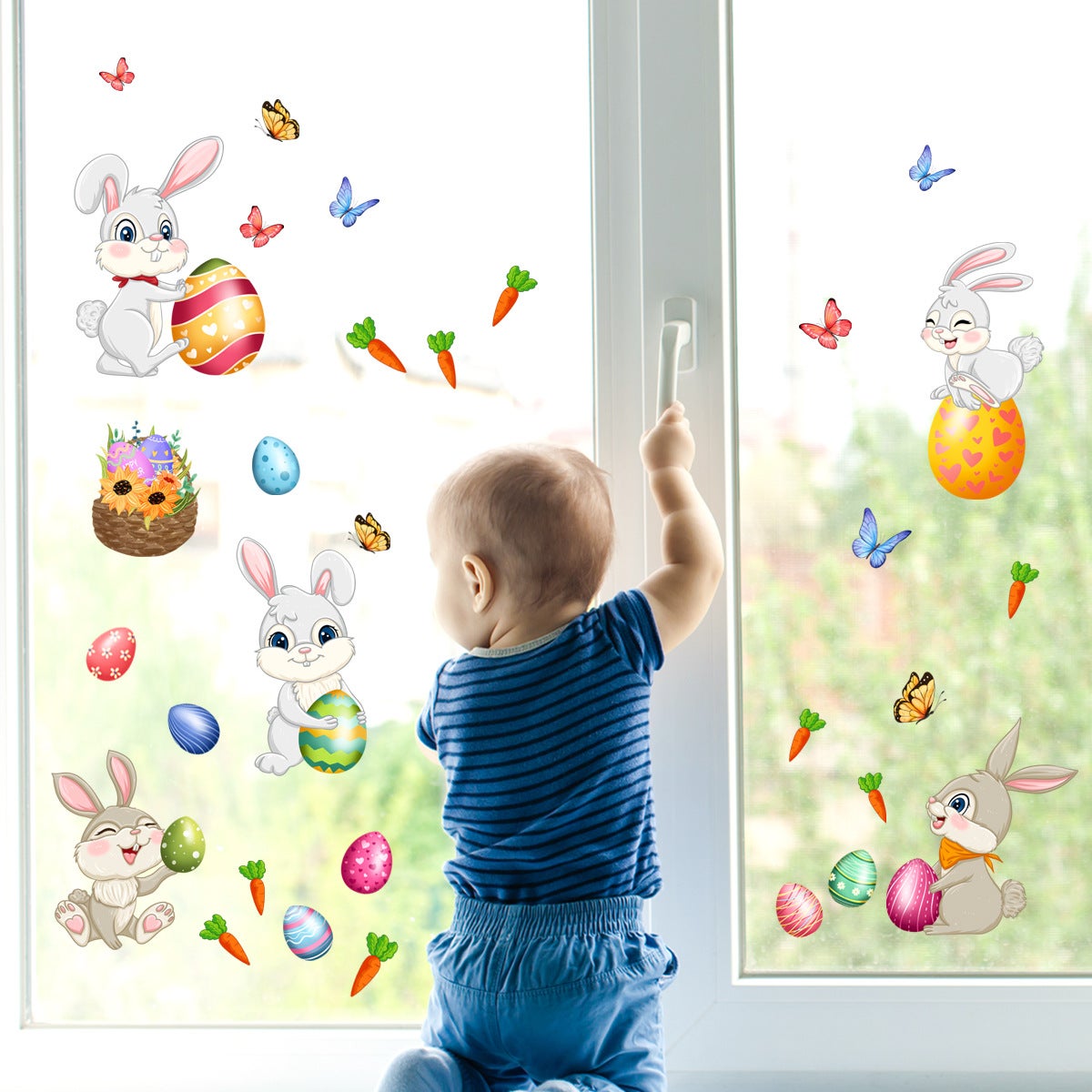 Vetrofanie Pasquali Con Conigli - 8 Fogli 20x30 Cm, PVC Riutilizzabile, Per Decorare Vetri - Foto 3