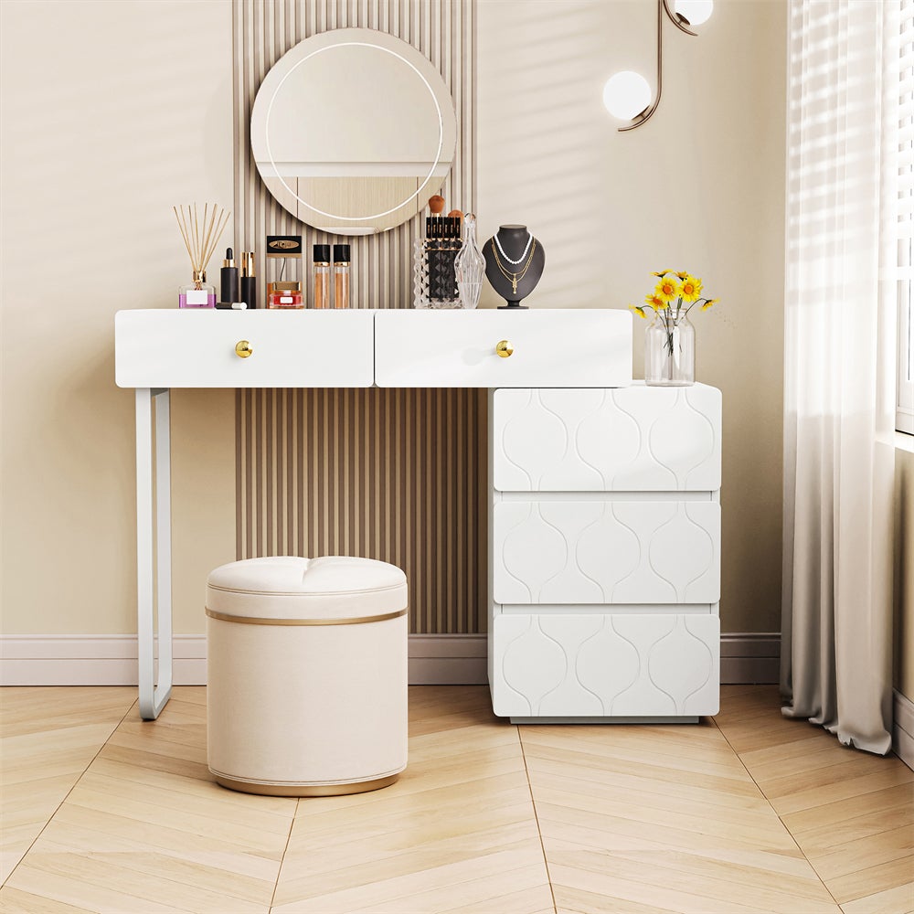 Nowoczesna toaletka z 5 szufladami, minimalistyczny design, 90x40x73,5 cm, wzór fali, biała, wymienna konstrukcja