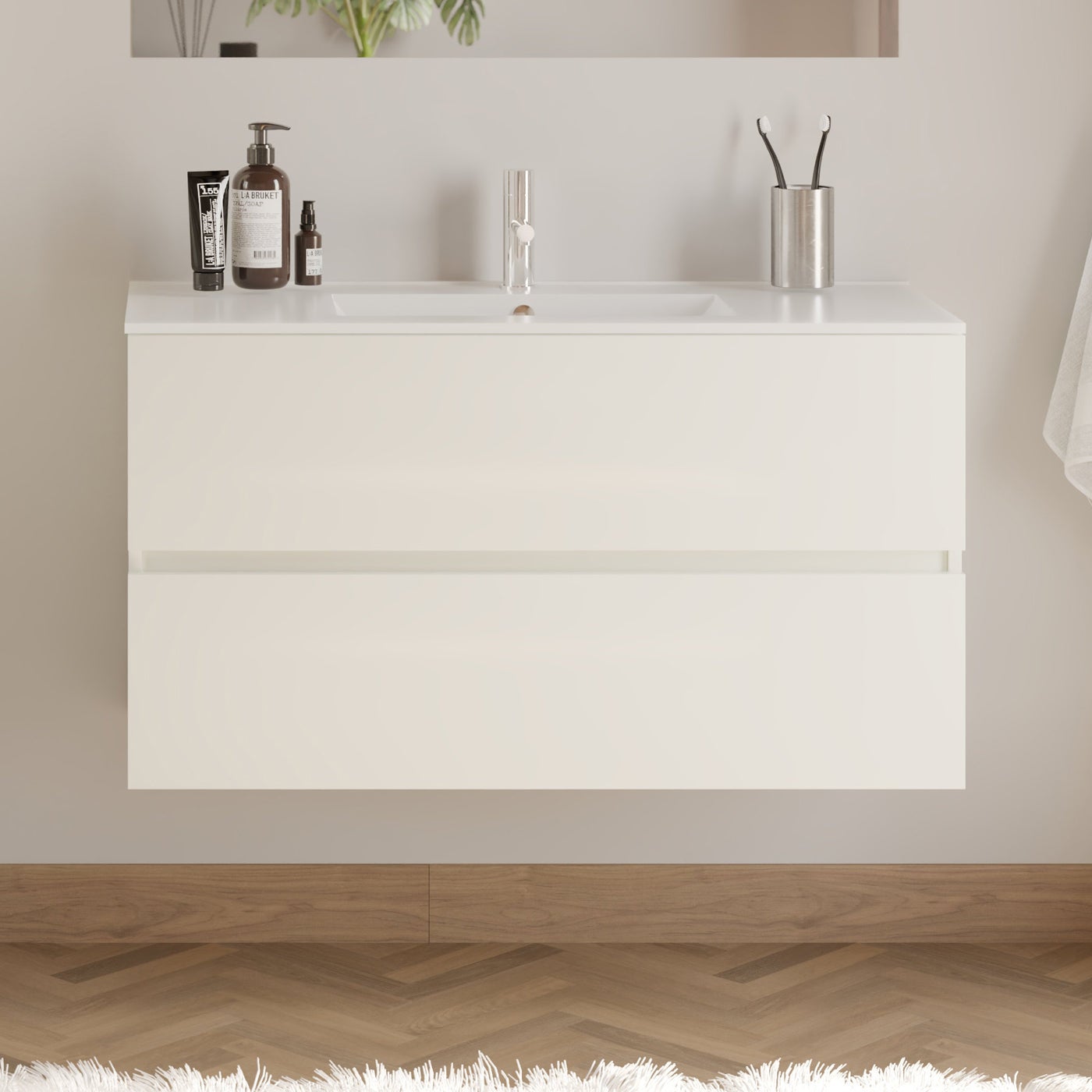 Meuble de salle de bain 100cm simple vasque - 2 tiroirs - blanc - IDA - 2