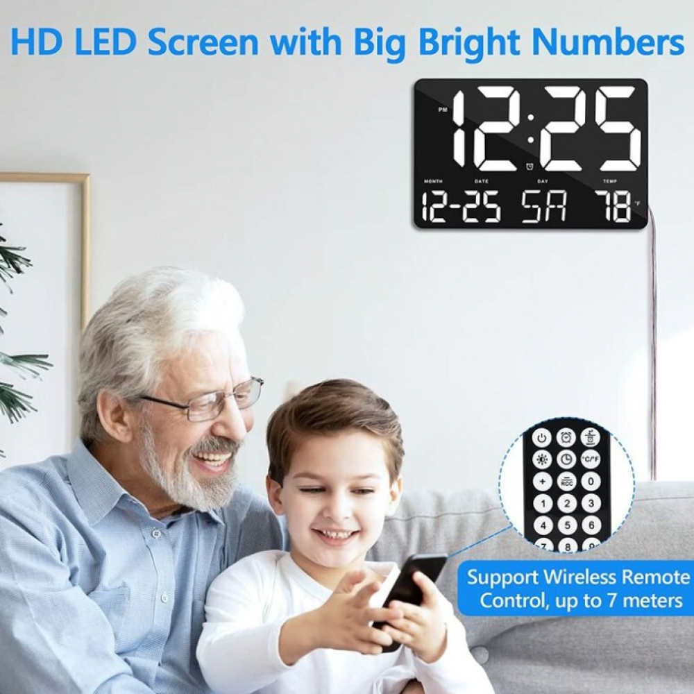 Horloge Horloge numérique,horloge murale numérique à grand écran LED de 30 cm,luminosité réglable,avec jour et date,température intérieure,répétition - 2