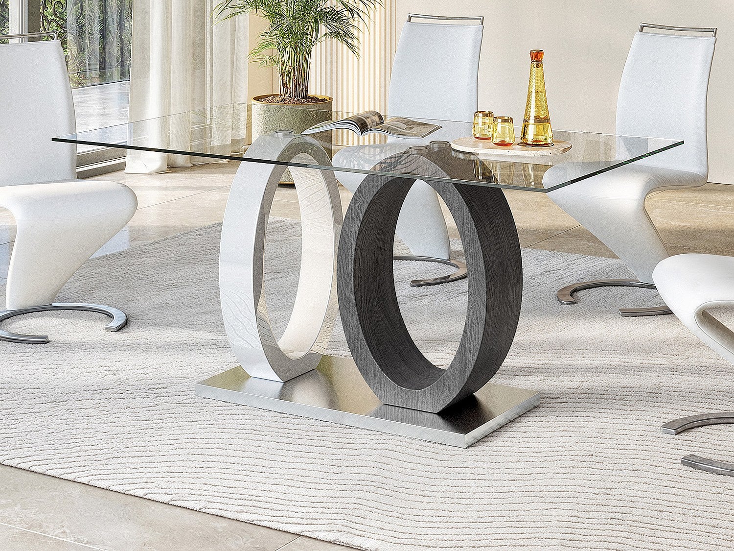 Mesa de comedor AYANE - Cristal templado y MDF - Gris y Blanco - 4