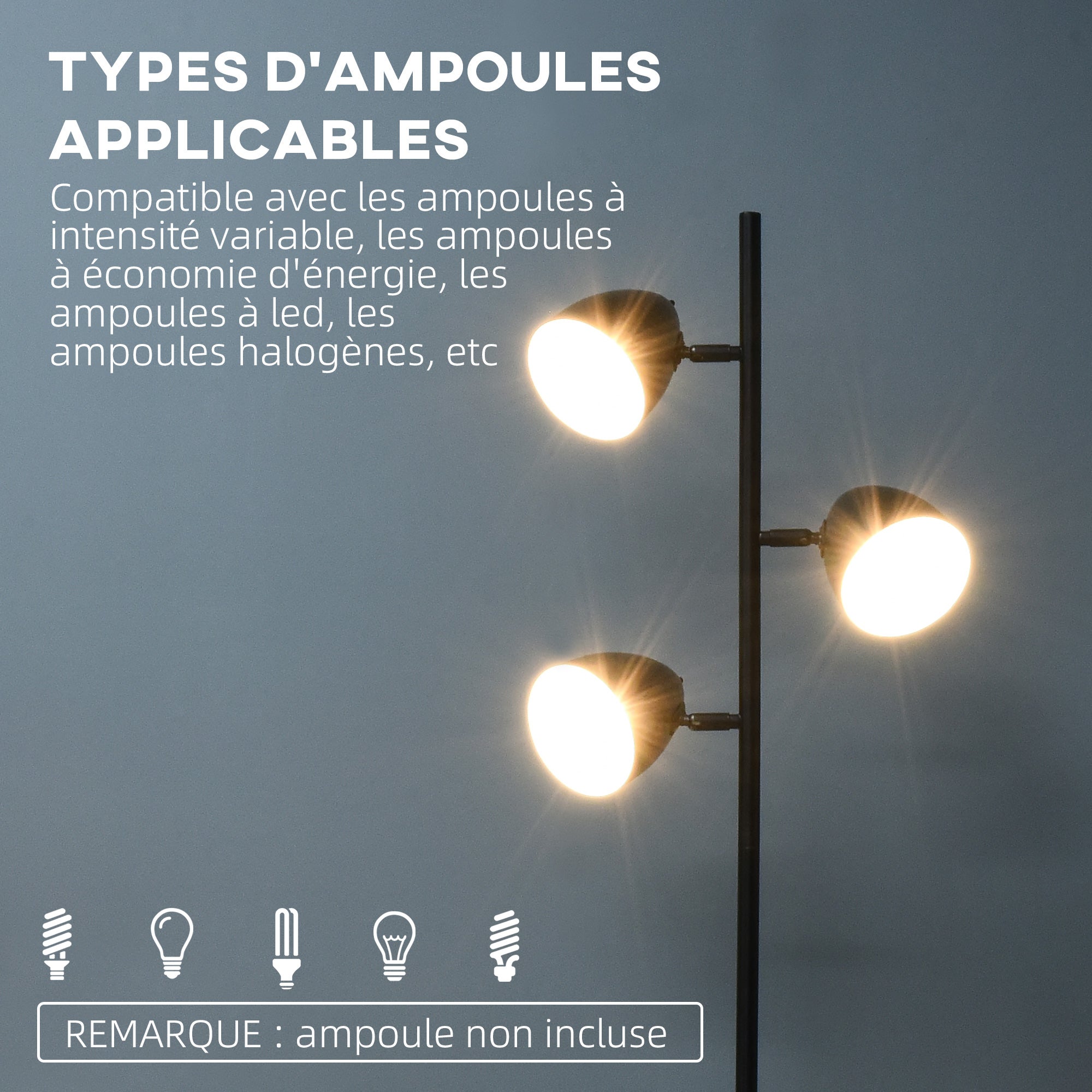Lampadaire sur pied acier 3 lumières HOMCOM - 6