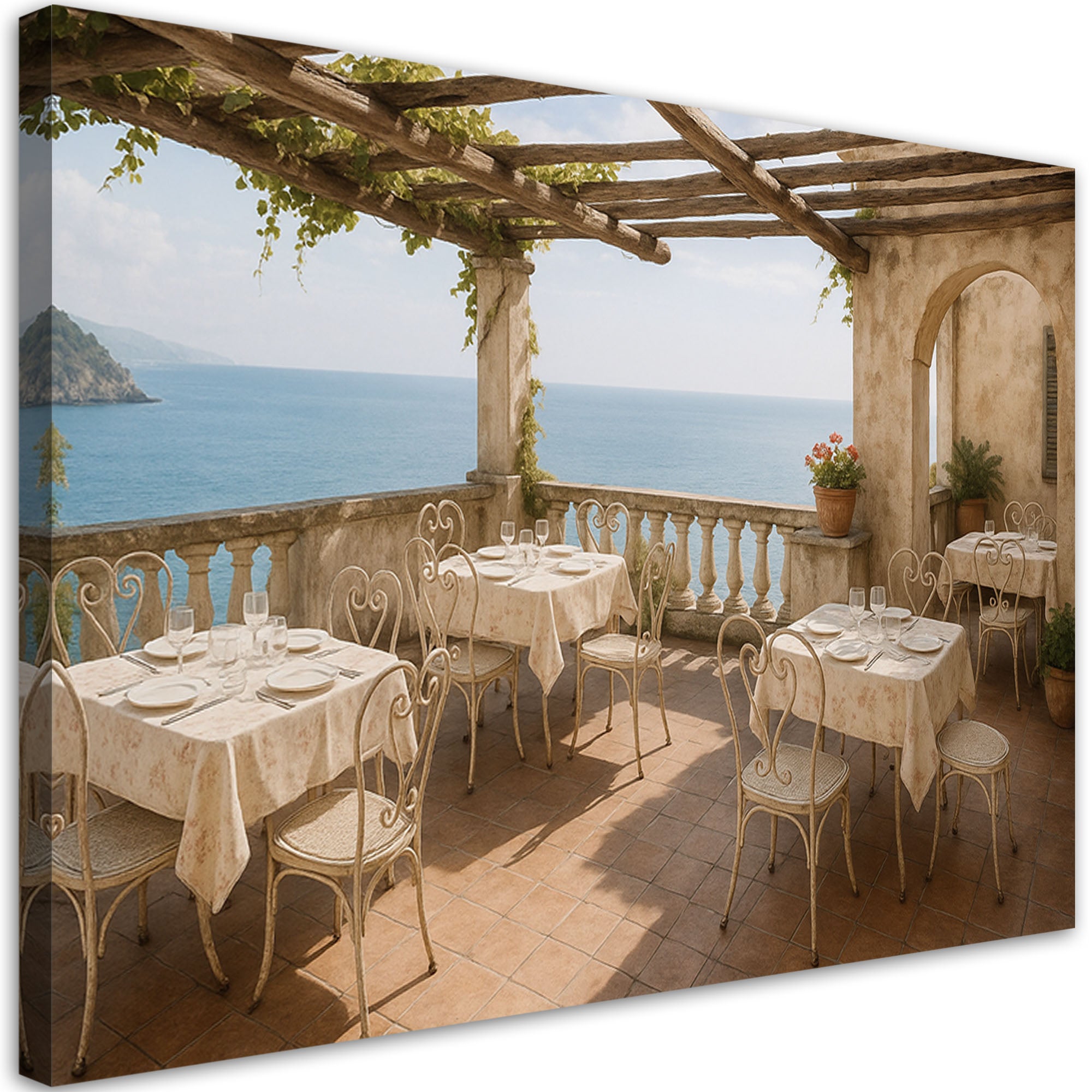 Obraz do salonu sypialni, Widok z tarasu na morze w stylu Shabby Chic 100x70