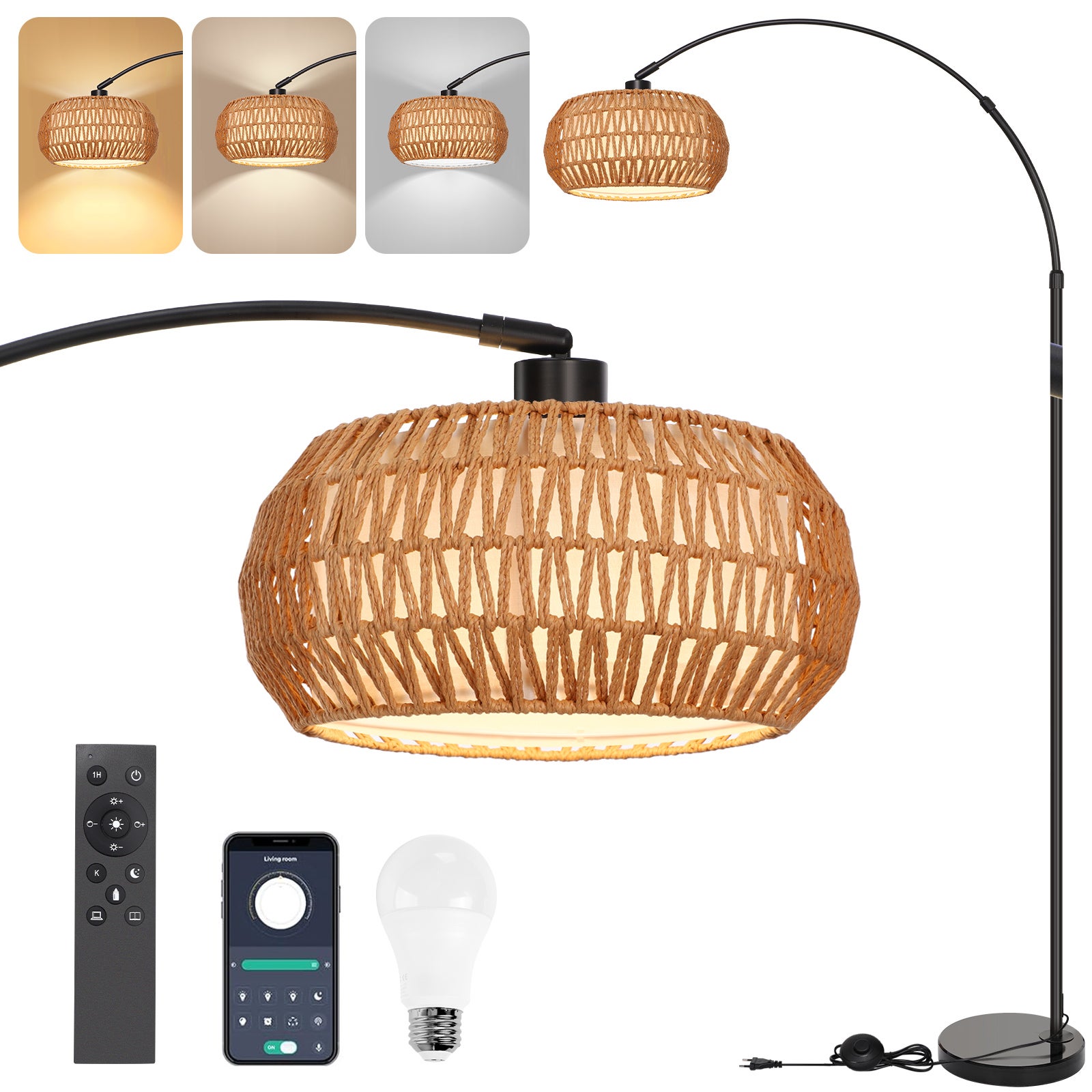 Lampadaire en rotin réglable avec télécommande – design boho, lampe de salon LED avec étagère, interrupteur au pied - 2