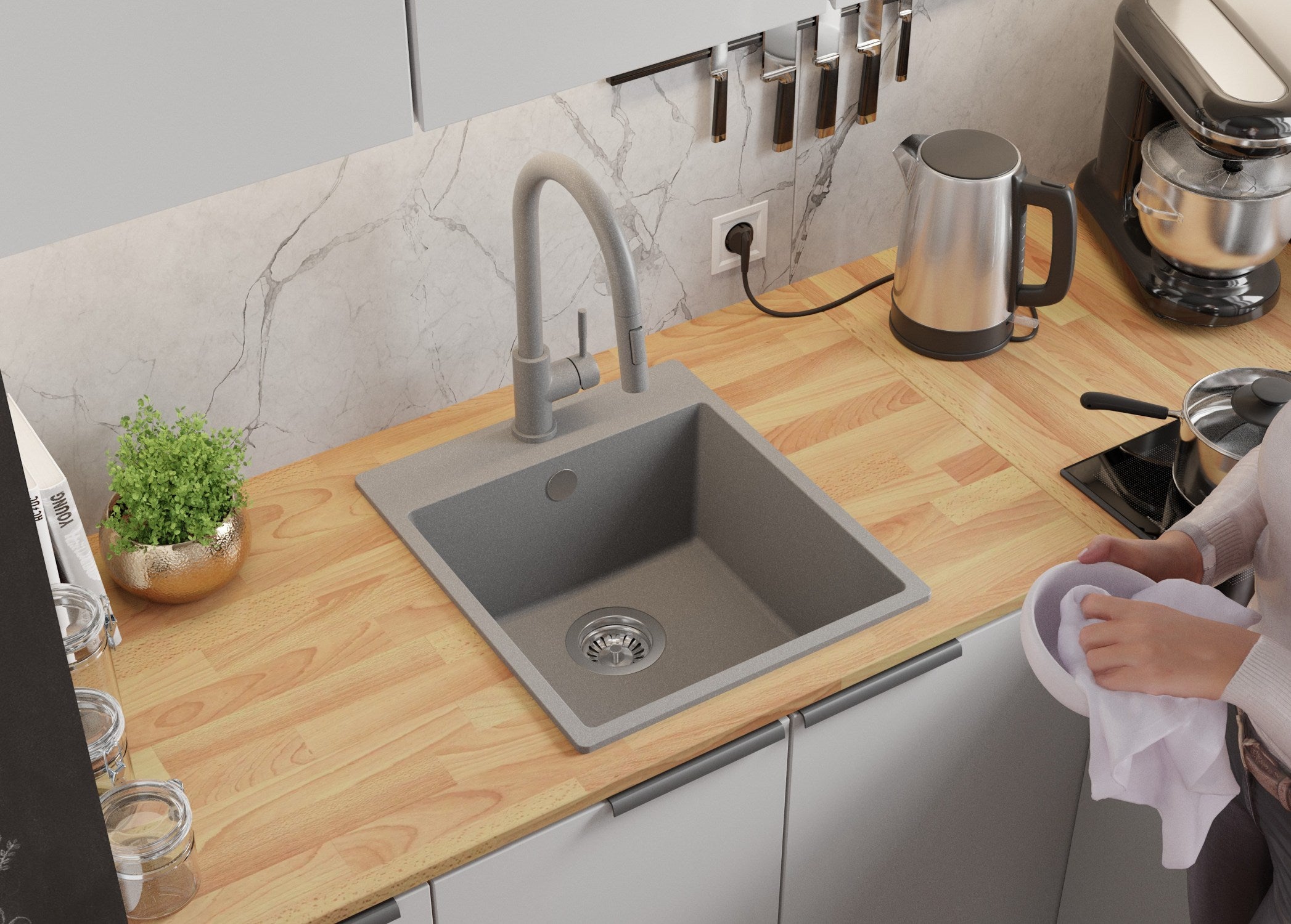 Evier Cuisine en Granit Gris 43x50cm, Lavabo 1 bac + Kit de Vidage, Évier à Encastrer au meuble 45cm - Riga PRIMAGRAN - 3