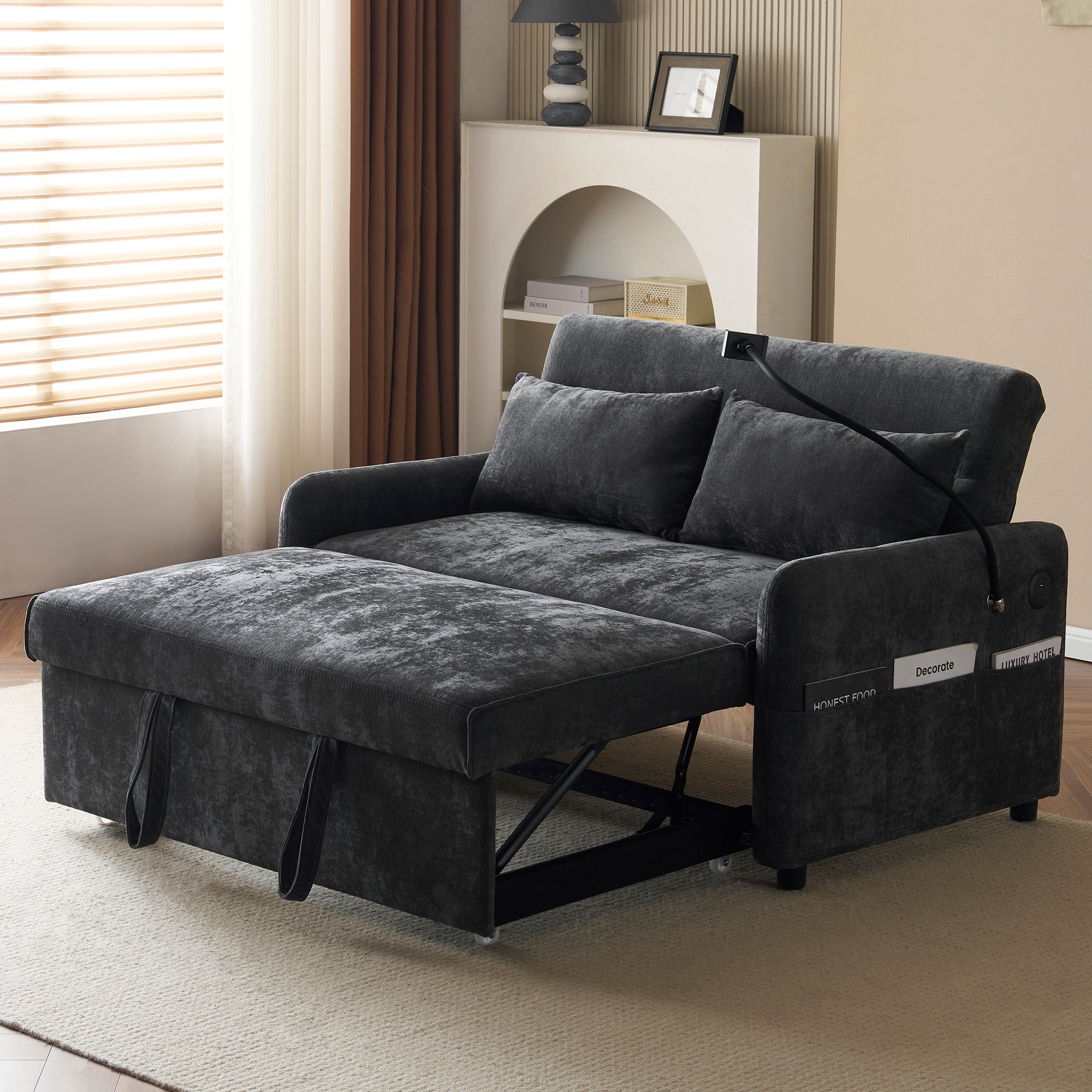 Canapé convertible réglable multi-angles en tissu chenille - 2 places - avec support téléphone et Ports USB - Gris - 3