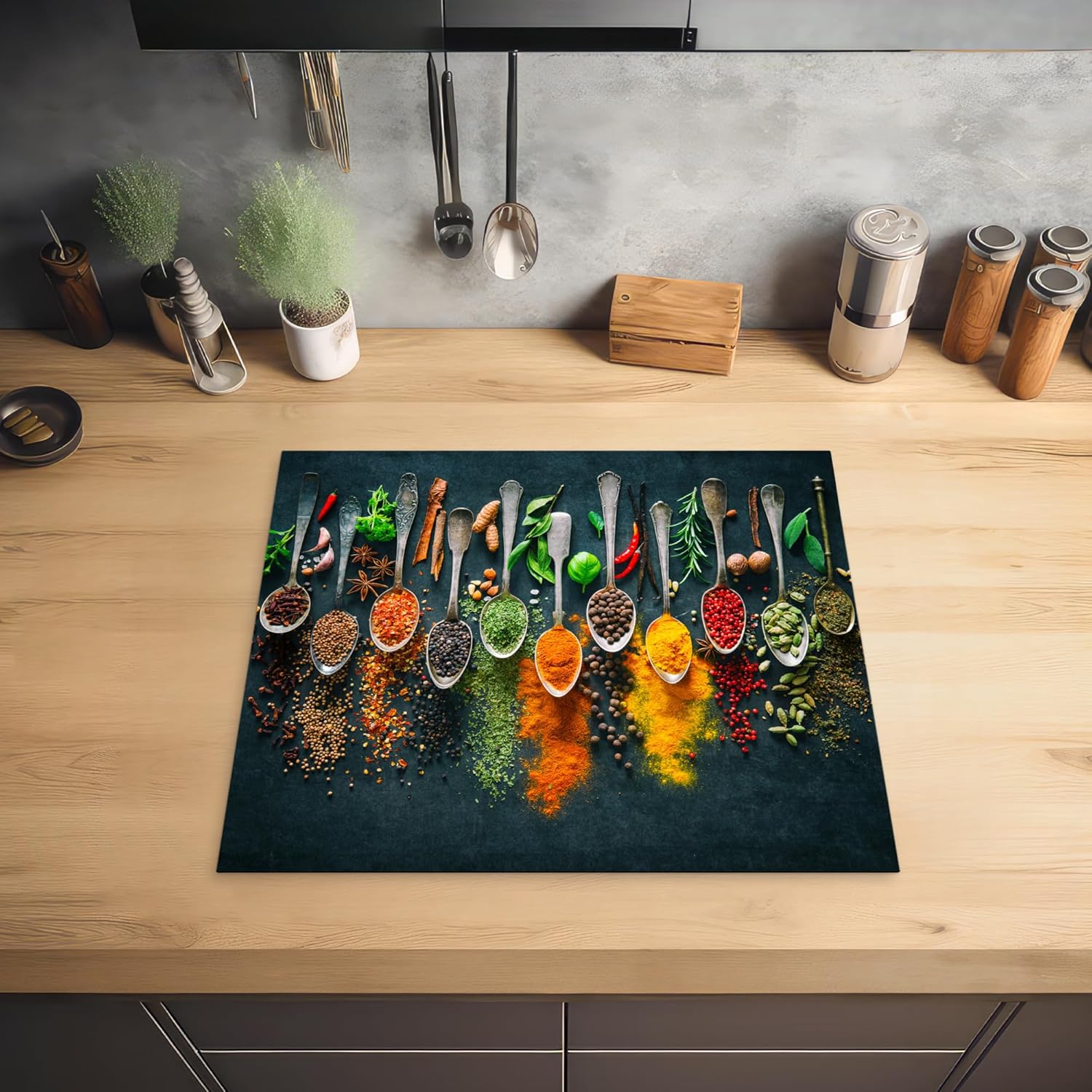 Protector de vitrocerámica, decoración de cocina, tapete protector, inducción, 40 x 60 cm, hierbas, especias y cucharas. - 2
