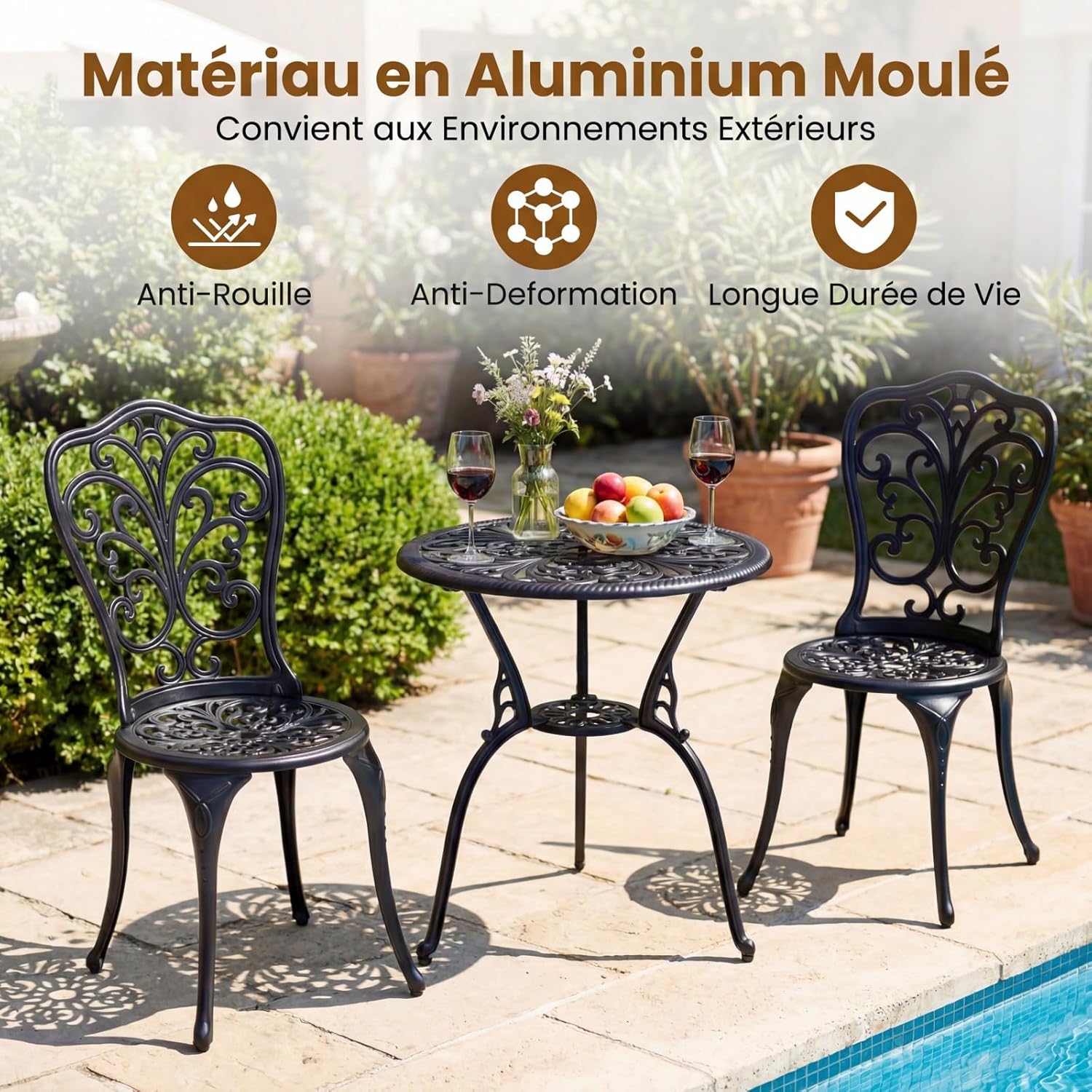 GIANTEX Sala Jardim 3Pcs em Alumínio Fundido, Conjunto Bistrô 2 Cadeiras e 1 Mesa Redonda,com Furo Guarda-sol, para Varanda Terraço Jardim, Preto - 7
