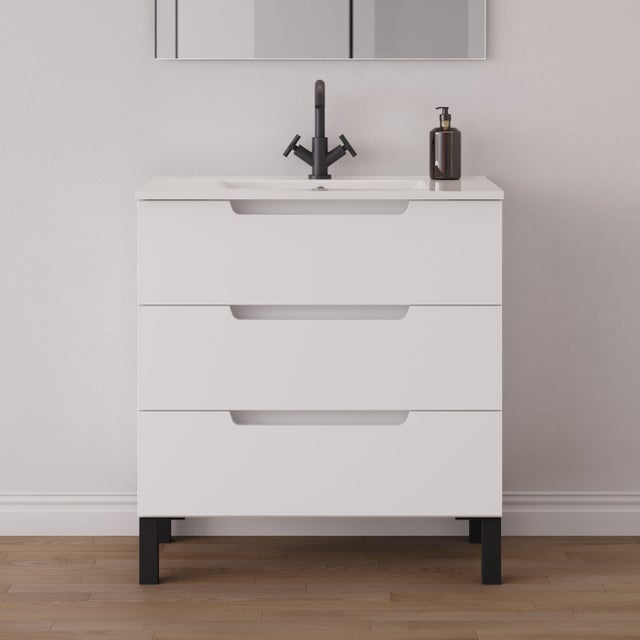 Meuble de salle de bain 70cm simple vasque - sans miroir - 3 tiroirs - blanc mat - RIZA