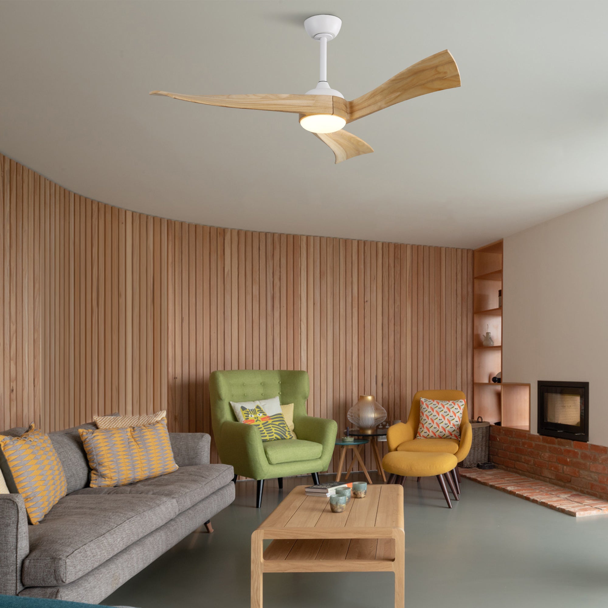 Ventilateur de plafond 52 pouces à 6 vitesses, avec éclairage, moteur DC silencieux et télécommande, pour chambre/salon, couleur bois+blanc - 7