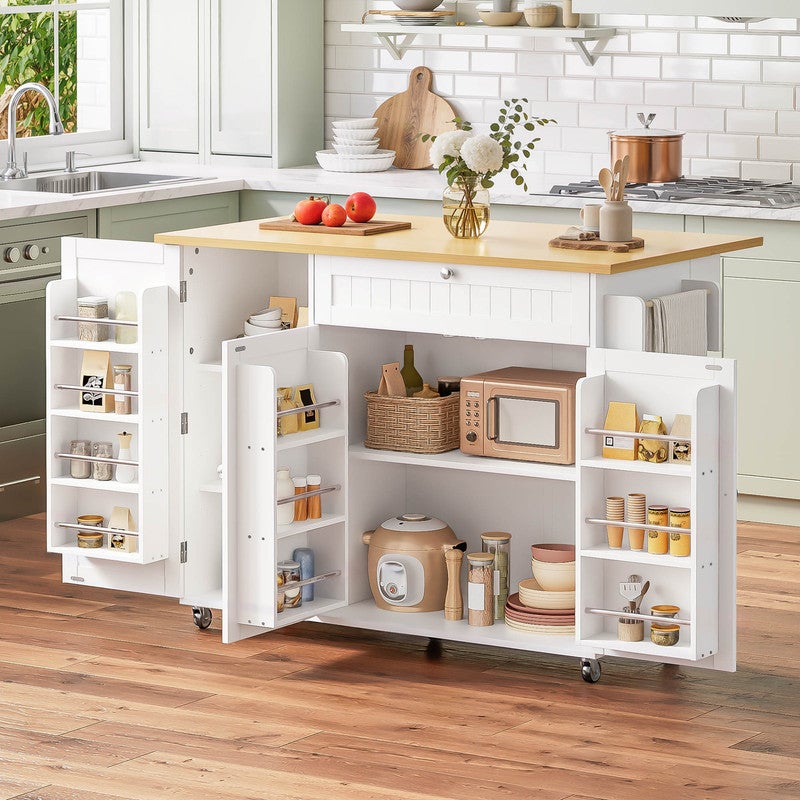 Îlot de cuisine mobile avec 1 tiroir,Chariot de cuisine avec plateau rabattable, Table de bar avec 3 étagères avec portes,Blanc 120×45-70×92 cm - 7