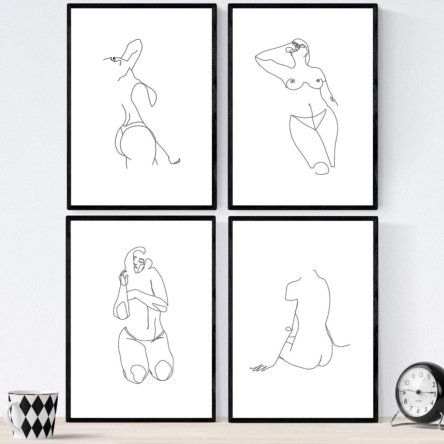 Set de 4 laminas de dibujos y bocetos a una linea. desnudos mujer. poster nordico de rostros, desnudos, cuerpos al natural. sin marco - a4