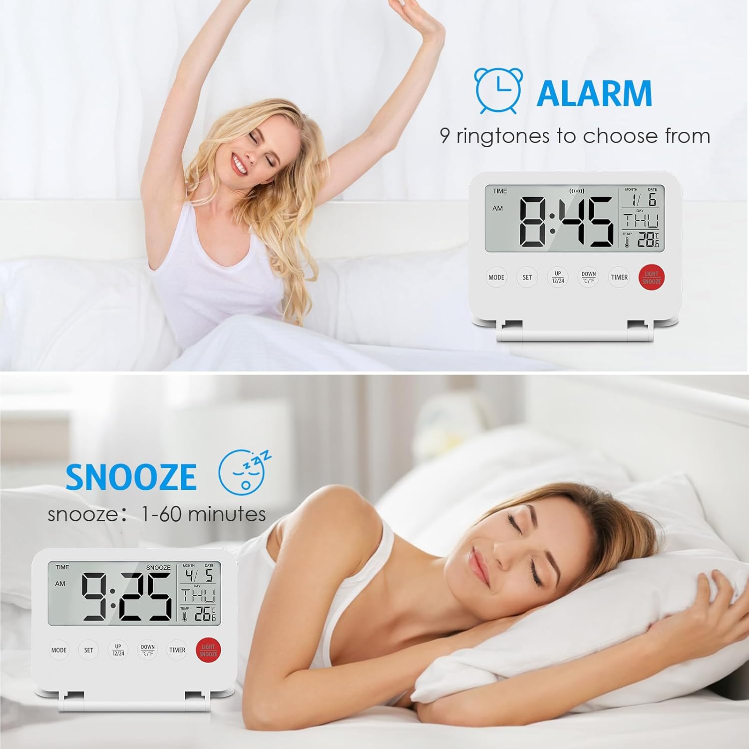 Mini réveil de voyage pliable numérique avec LCD rétroéclairé, thermomètre, snooze, date et heure, bureau, chambre, cuisine, pratique et portable - 5