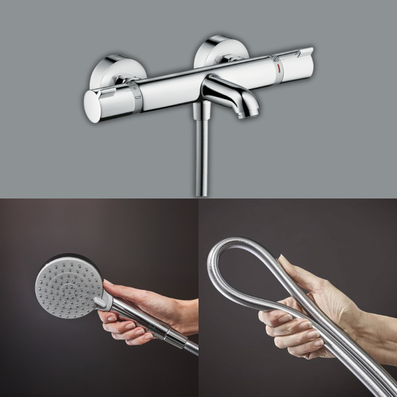 Pack mitigeur bain thermostatique HANSGROHE Ecostat Comfort + Flexible Isiflex 1,6m + Pommeau Vernis Blend EcoSmart 2 jets chromé - 2