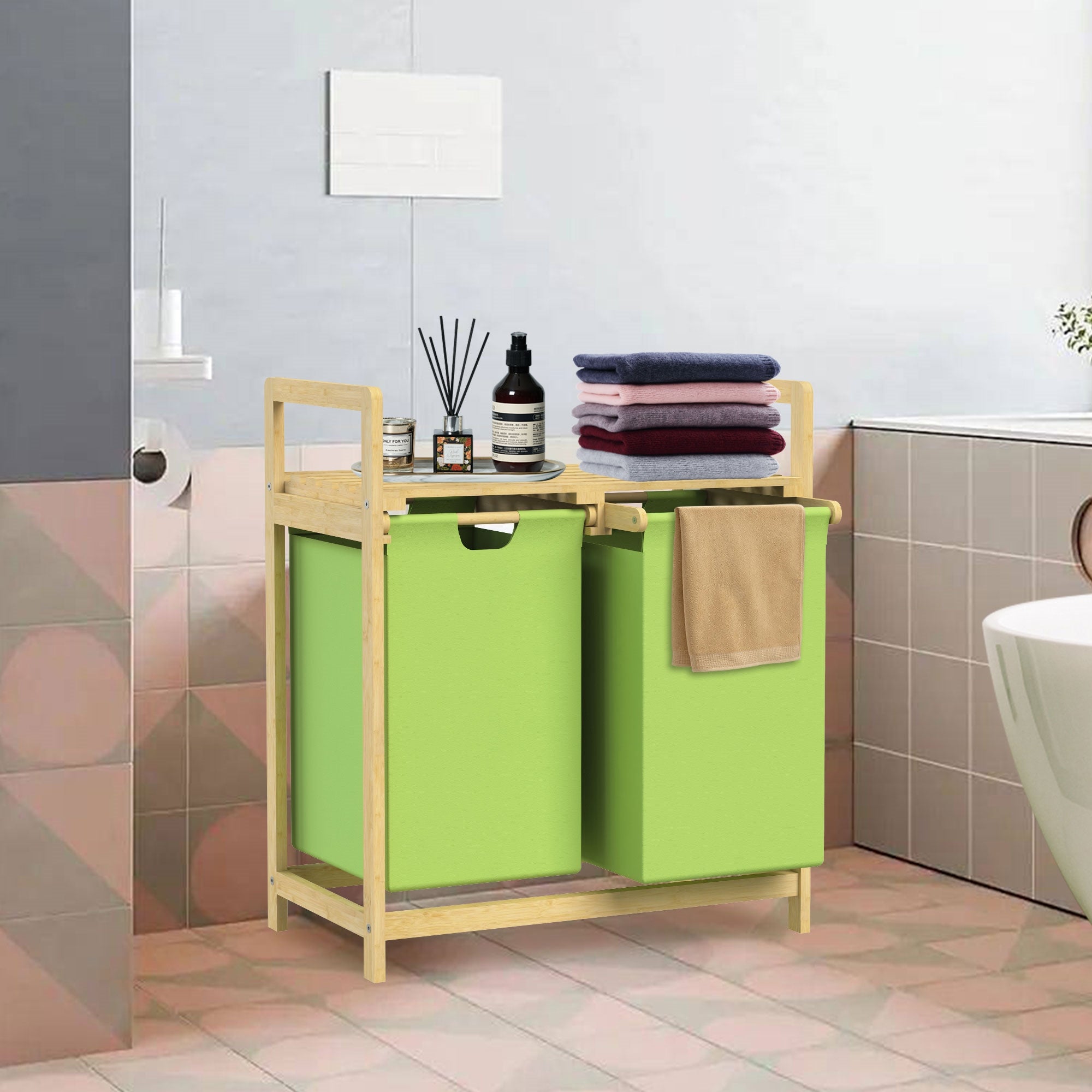 ML-Design kosz na pranie wykonany z bambusa, oliwkowy, pojemnik na pranie z 2 przegrodami, pojemnik na pranie z 2 wysuwanymi workami na pranie 60 L,