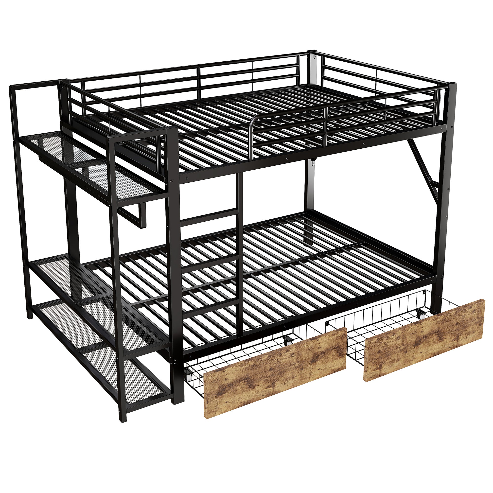 Lit Mezzanine 140x200 cm Étagère avec LED, Cadre de lit Noir avec Tablettes et Porte-Vêtements Métallique, Lit superposé avec 2 Tiroirs, sans Matelas - 6