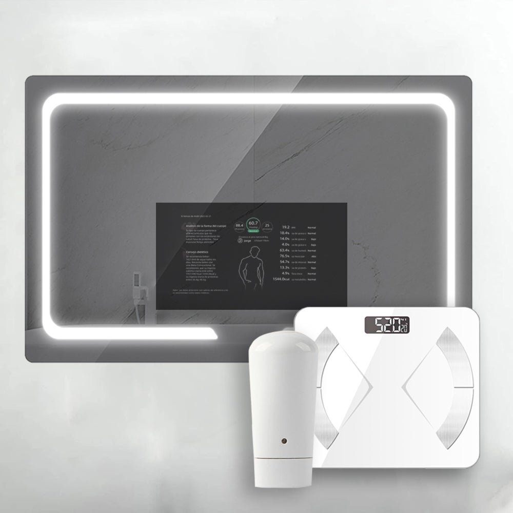 Espejo de baño iluminado con pantalla tactil de 21,5 + báscula biométrica y sensor de piel - 120x80cm