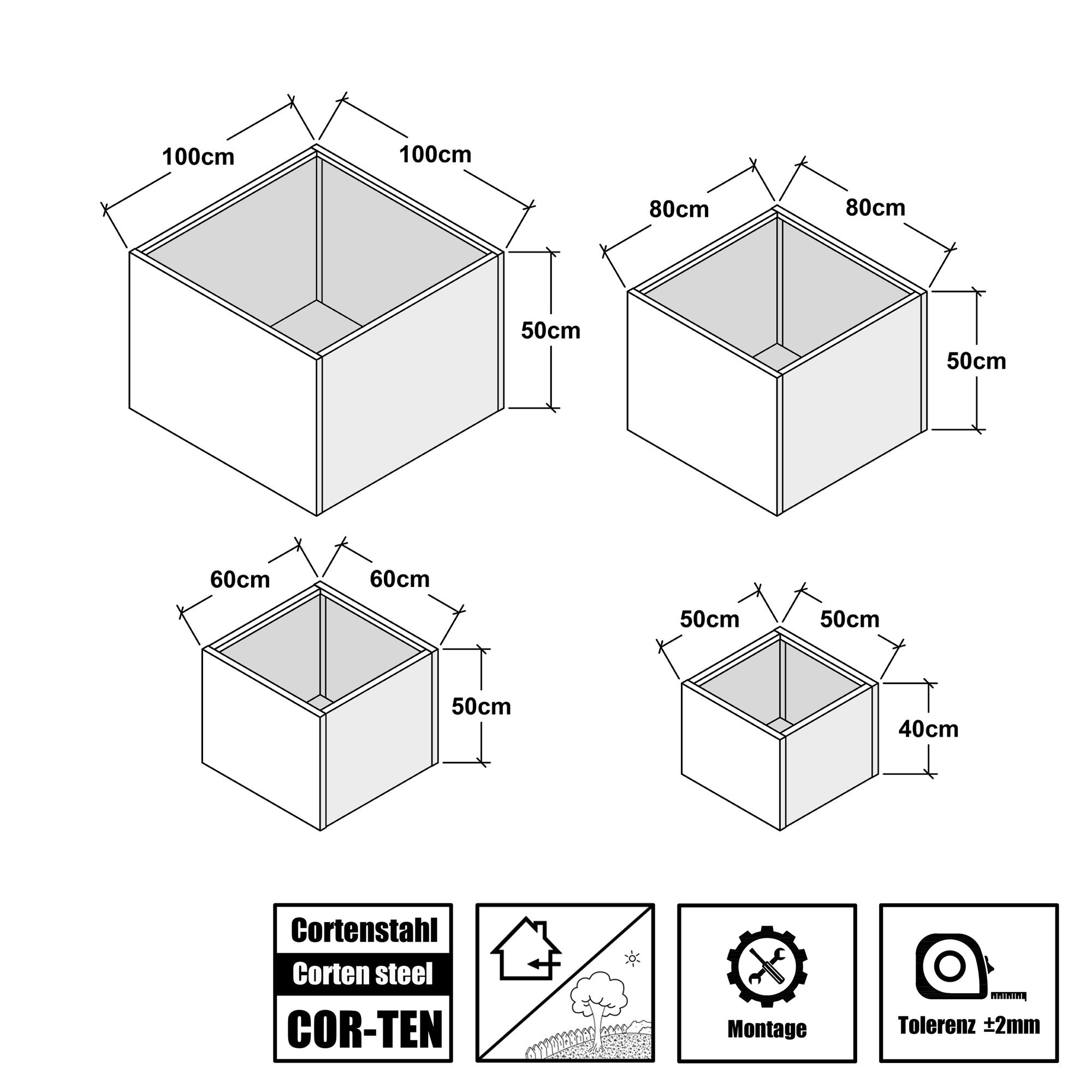 Köhko® Jardinière design (avec fond) en acier Corten Jardinière QUADER 100x 100x 50 cm - 4