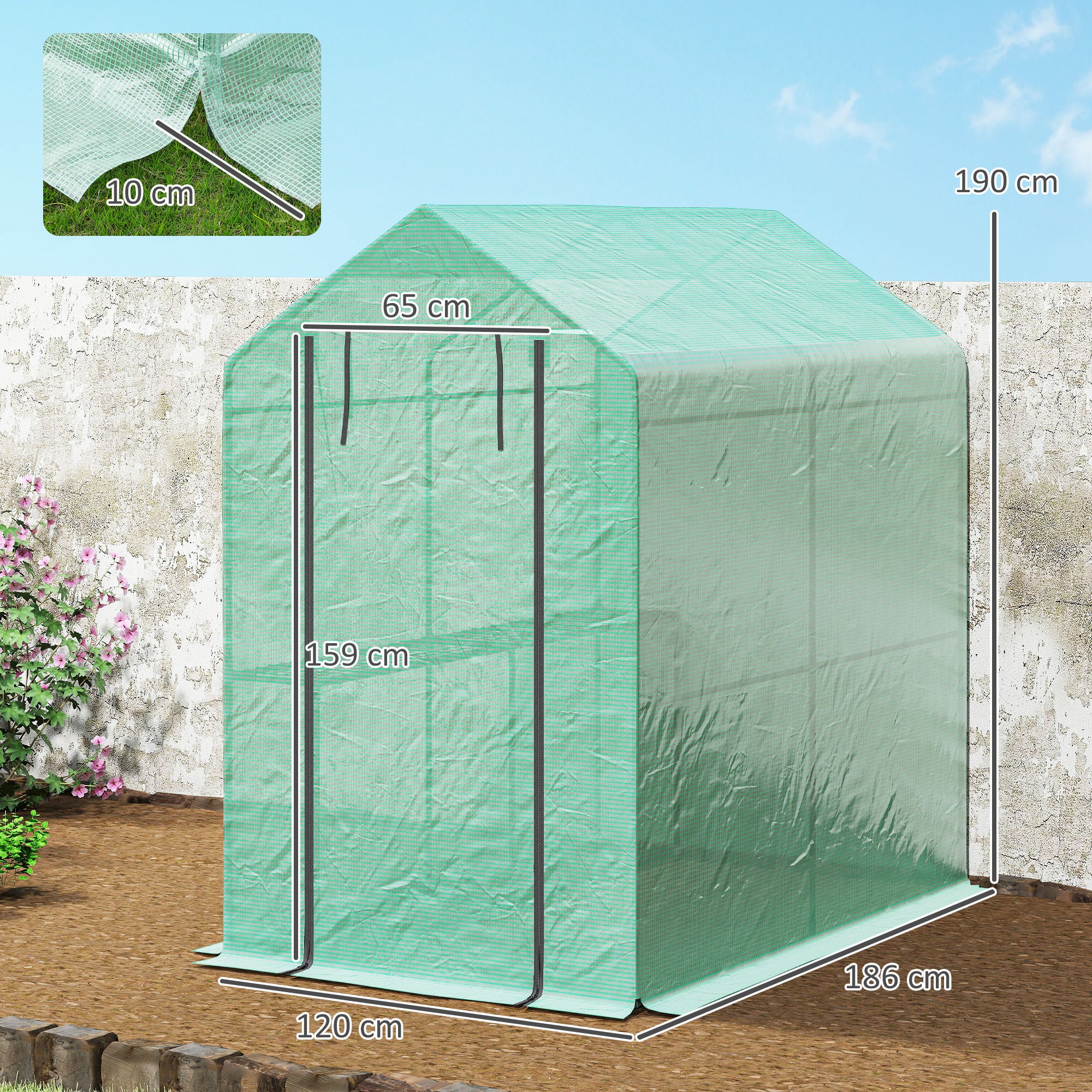 Serre de Jardin - Outsunny - étagère 2 niveaux porte zippée enroulable - bâche renforcée 140 g/m², châssis en acier - vert - 3
