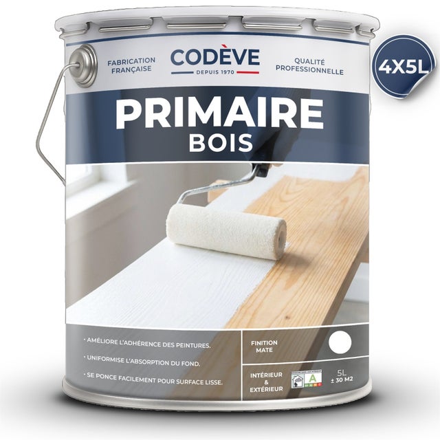 Primaire Bois - 20 L - Codeve Bois - RAL 9010 - Blanc pur - Pour Renforcer L'adhérence Sur Votre Bois Avant Une Finition.