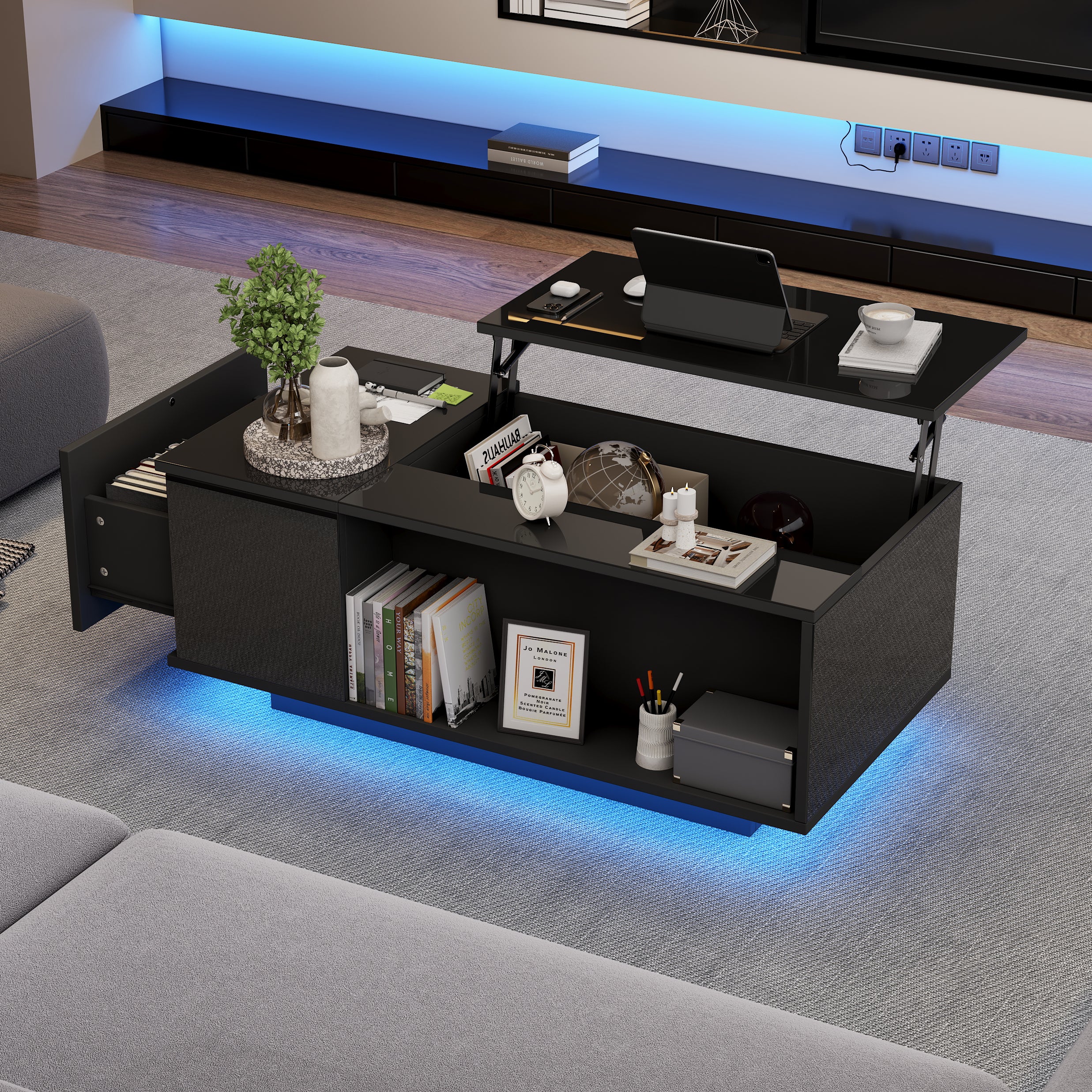 Stolik kawowy z podnoszonym blatem, 1 szufladą i 1 przegrodą - 100 x 50 x 40 cm - Diody LED - Płyta wiórowa - Czarny
