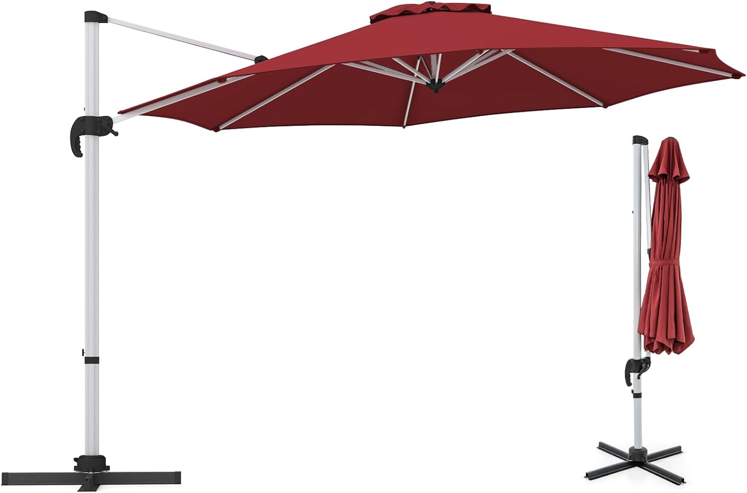 Parasol Ogrodowy 3 m, Parasol z Wysięgnikiem, 8 Żeber, Podwójna Czasza, Obrót o 360 Stopni, Podstawa Krzyżowa, Wys. 2,6 m, Czerwony