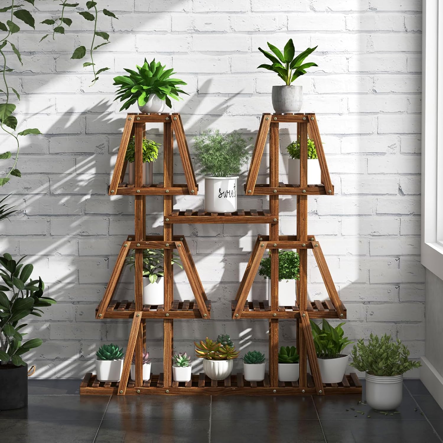 Uneedem Supporto Per Piante In Legno 5 Ripiani | Per Interni/Esterni Con 10 Posti Per Vasi, Resistente Alle Intemperie, Balcone O Giardino - 3