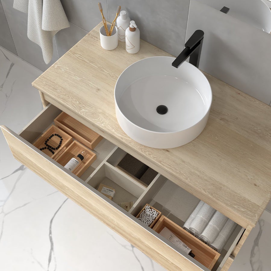 Meuble de salle de bain avec vasque à poser ronde BALEA et miroir Led STAM - Bambou (chêne clair) - 100cm - 2