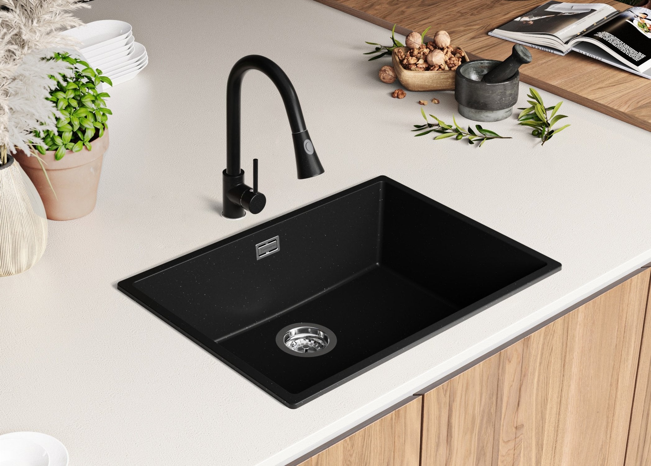 Evier Cuisine en Granit Noir Métallisé 66x47cm, Lavabo 1 bac + Kit de Vidage, Évier à Encastrer au meuble 70cm - London Slim PRIMAGRAN - 4