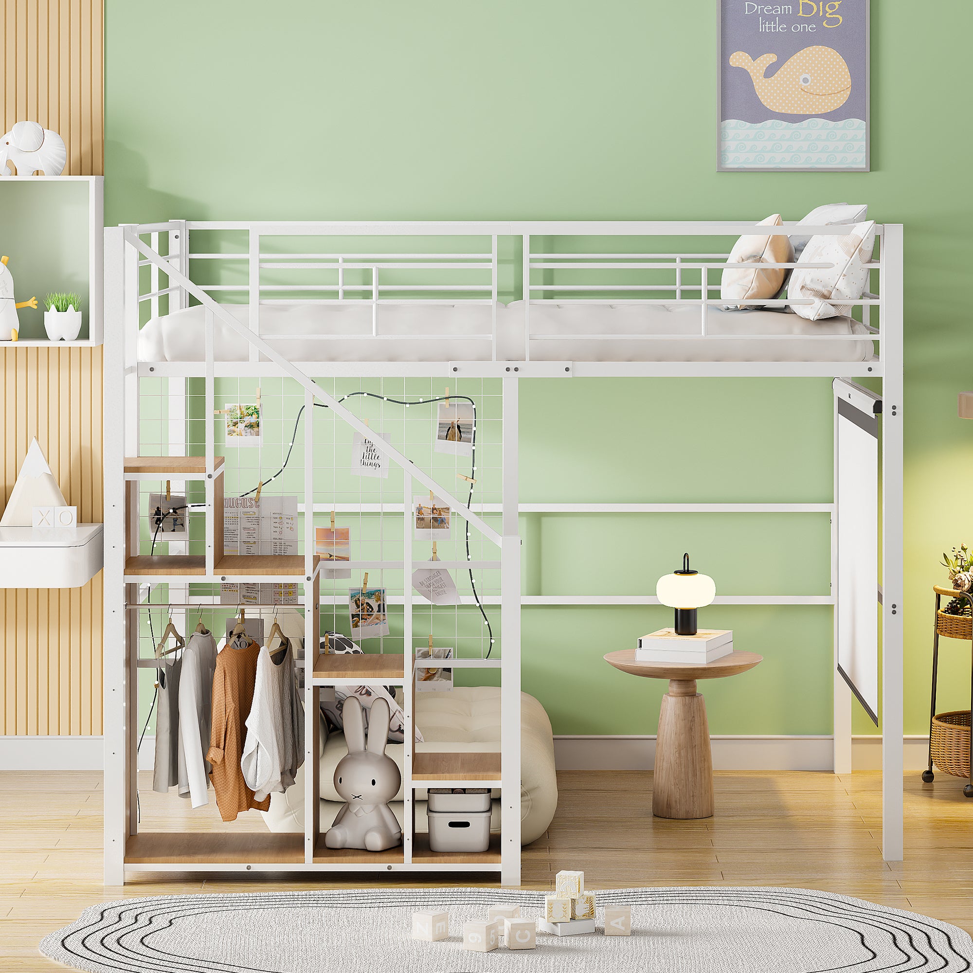 Letto a castello con scaletta di sicurezza 140x200, letto per bambini con struttura in ferro e vano contenitore, letto per ragazzi, bianco - 3