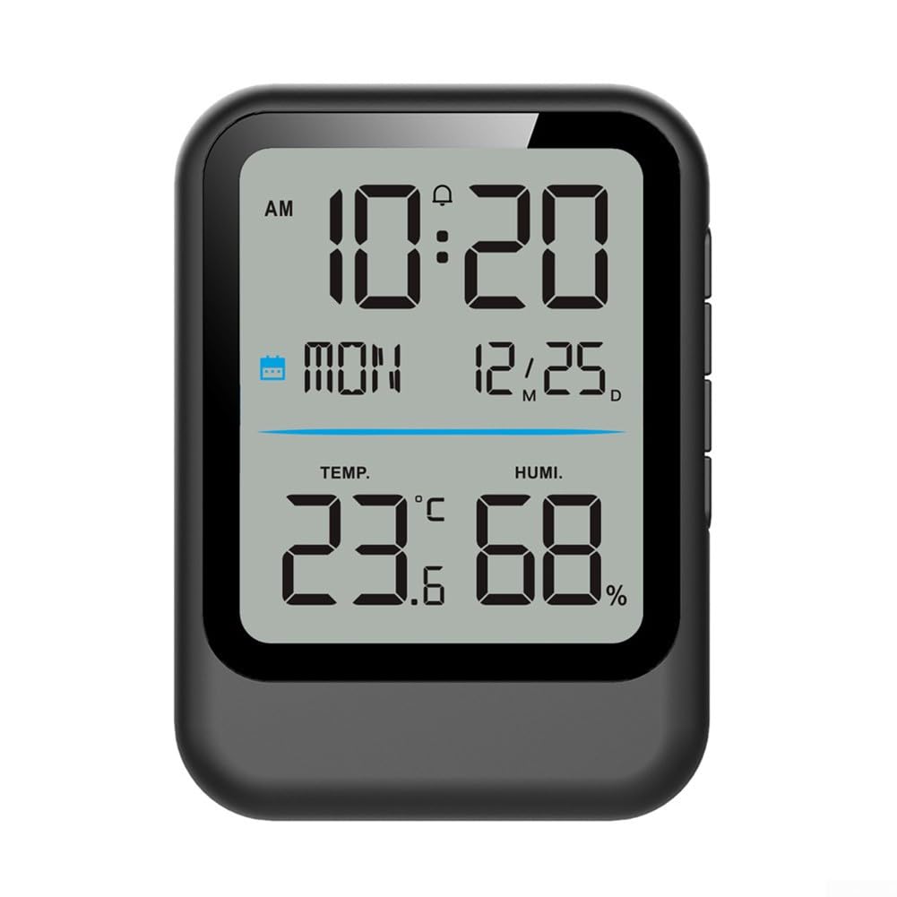 Cyfrowy termometr i higrometr, elektroniczny monitoring temperatury wewnętrznej, wyświetlacz wilgotności z zegarem (czarny)