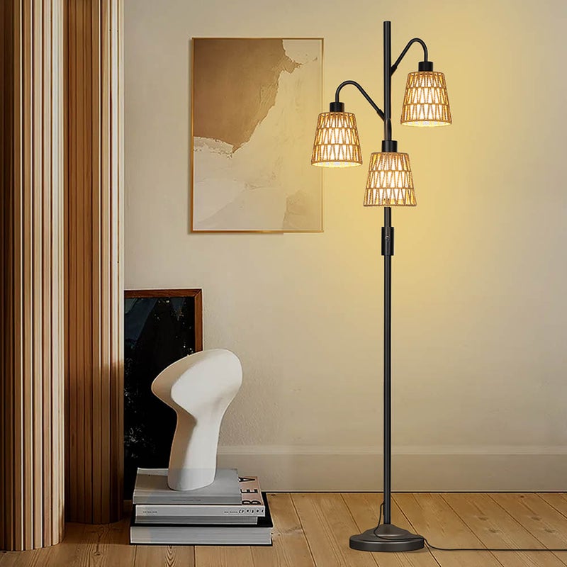Lampa podłogowa rattanowa boho 175 cm, ściemnialna, 3 żarówki LED 12W 2700K , czarna, do salonu sypialni biura