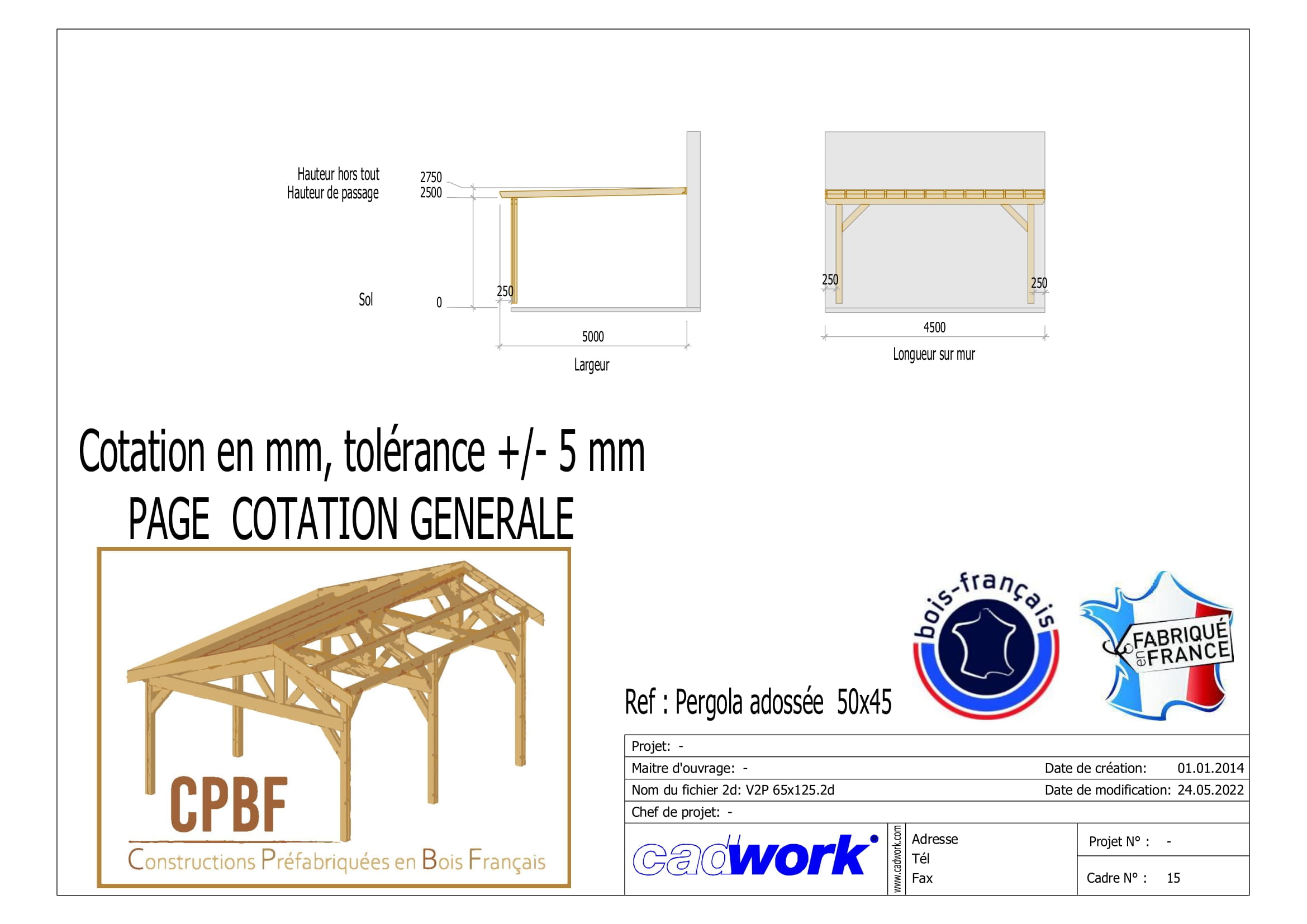 Pergola adossée 450cmx500cm, Bois DOUGLAS Français label PEFC (Carport - Auvent- Abri terrasse), surface 22.50 m². Garantie 10 ans - 2
