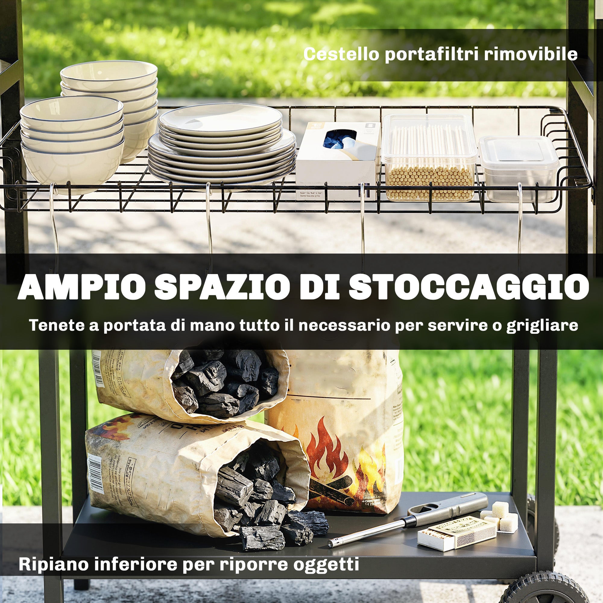 Outsunny Carrello Barbecue da Esterno con Piano in Acciaio Inossidabile, Porta Spezie, Ganci e Maniglia Laterale, Nero - 5
