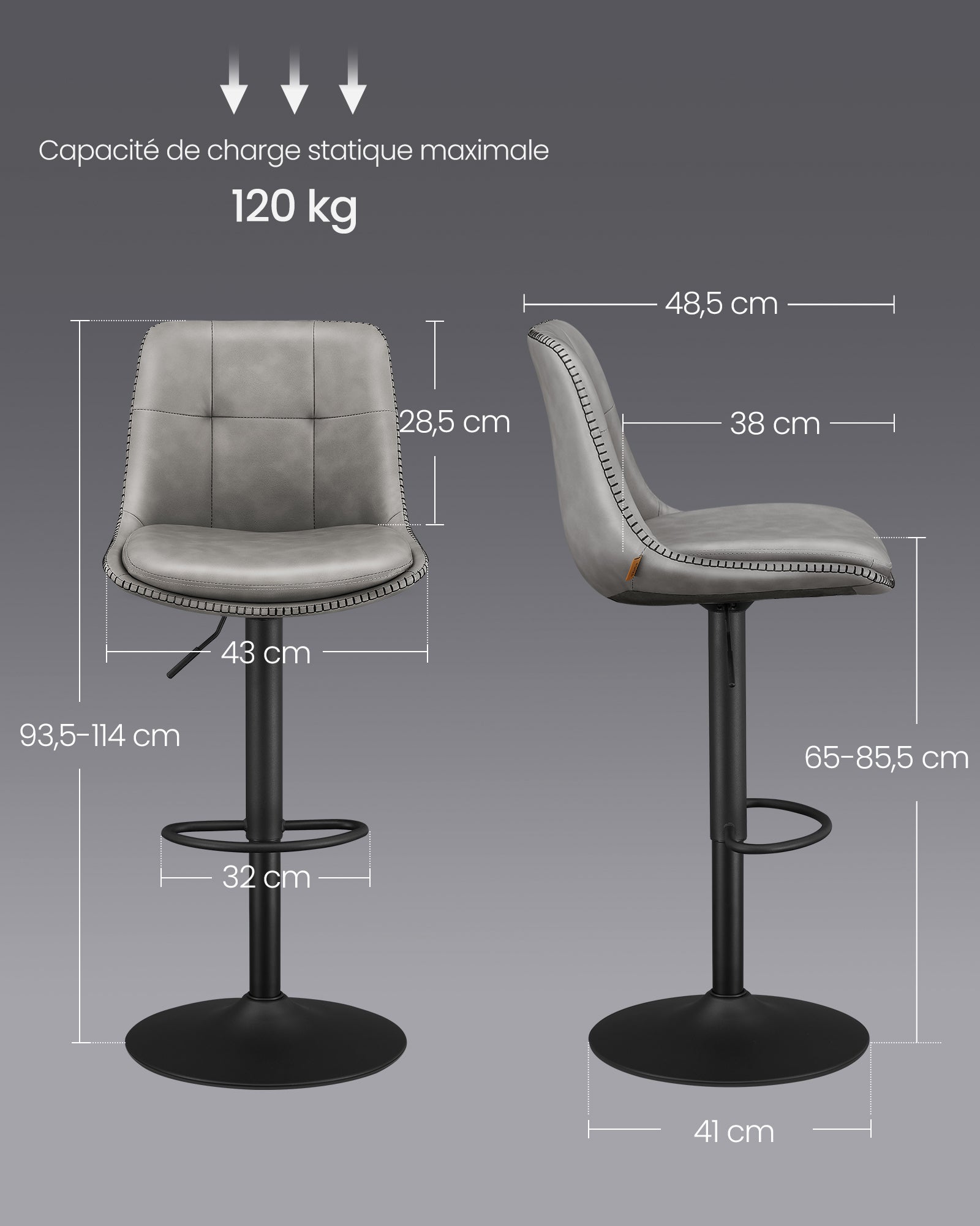 Tabourets de Bar, Lot de 2, Siège Pivotant à Hauteur Réglable, Matelassé, avec Dossier et Repose-Pieds, Gris Tourterelle - 5