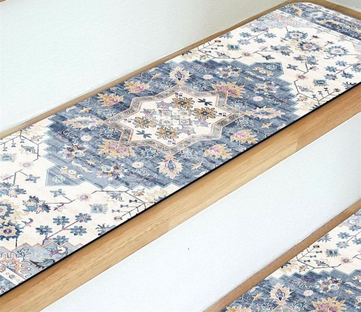 Tapis d'escalier -15 pièces- Antidérapants et amovibles- Convient aux enfants, aux personnes âgées et aux animaux-symétrie bleu clair, 20 x 76 cm - 3