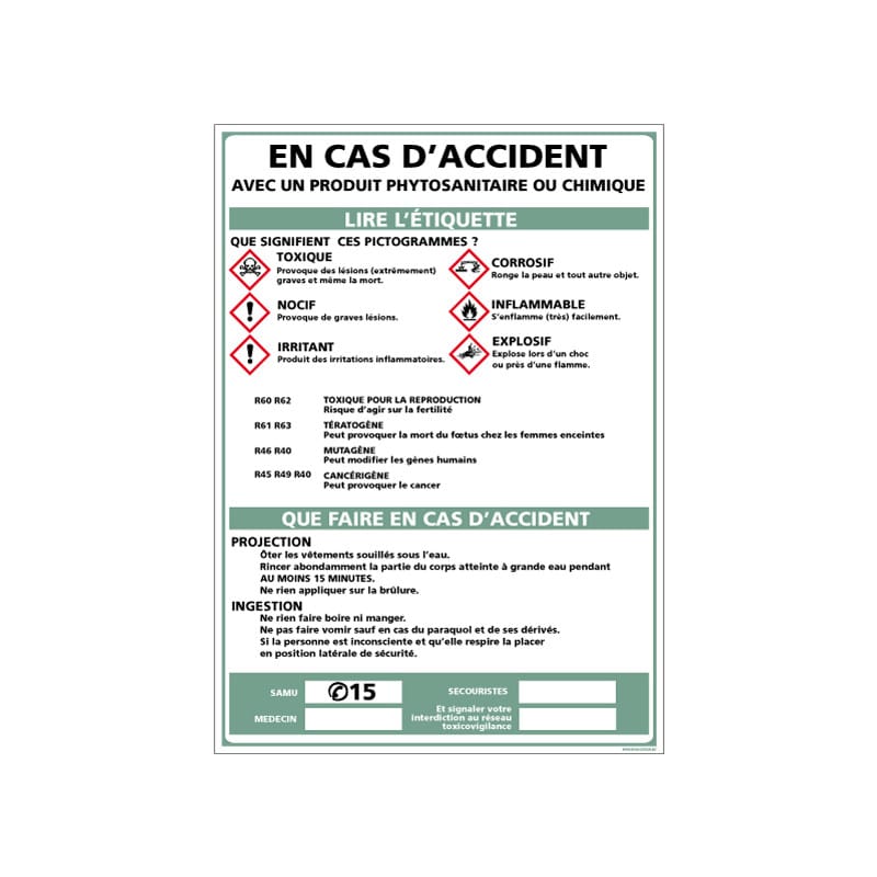 Consignes de sécurité en cas d'accident avec produit chimique (A0370 ...