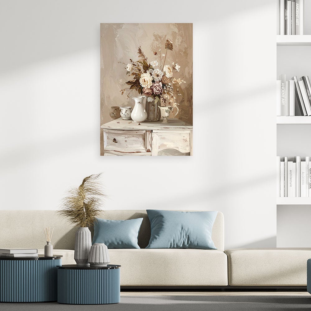 Obraz do salonu sypialni biura loftu, Delikatny Rustykalny Bukiet kwiatów na szafce 80x120 - 2
